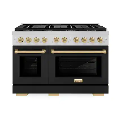 Front. ZLINE - ZLINE Autograph 48 in. Paramount Gas Range with 8 DuoPro Burners & Black Doors w/ Bronze Accents (PSGRZ-BLM-48-CB) - Stainless Steel with Black Matte Door.