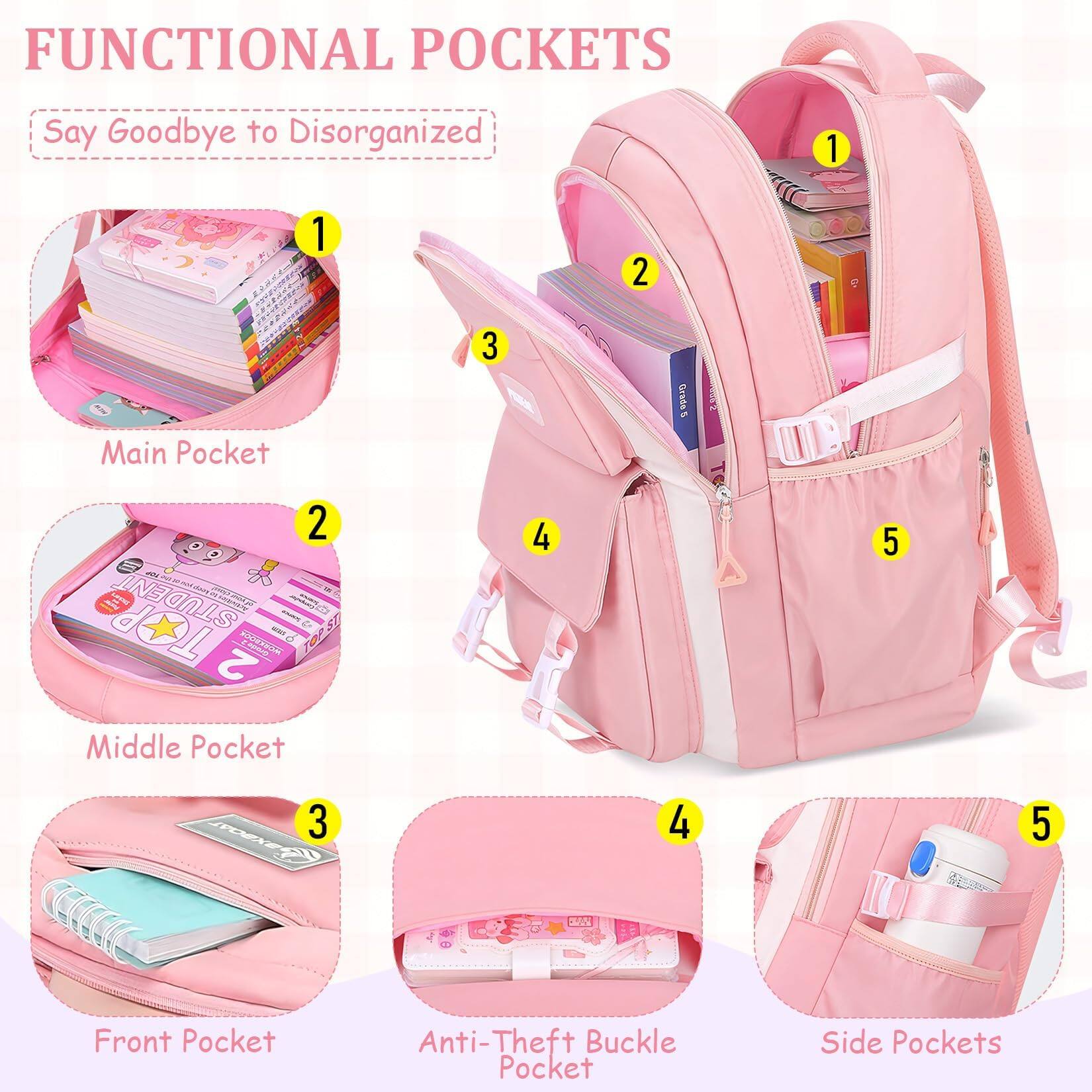 Back. Pacoar Cade - Backpacks For - Cute Backpack Elementary  Middle And High School Students 18" Bookbag - Color-pink-backpack Only.