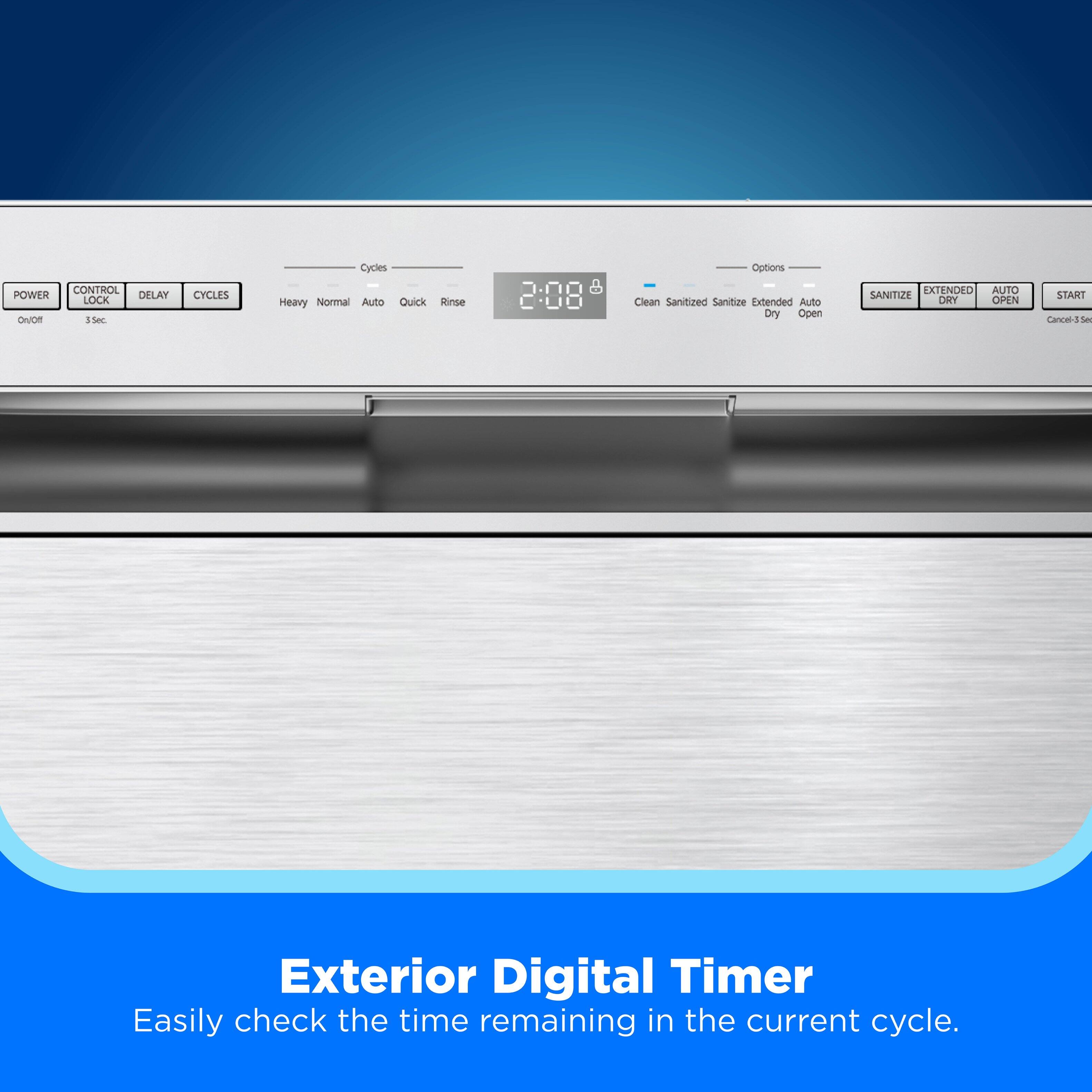Cycles
Options
CONTROL POWER DELAY LOCK On/Off 3 Sec
CYCLES
Heavy Normal Auto Quick Rinse
Clean Sanitized Sanitize Extended Auto Dry Open
EXTENDED AUTO SANITIZE DRY OPEN
START Cancel-3 Sec Seq
Exterior Digital Timer Easily check the time remaining in the current cycle.