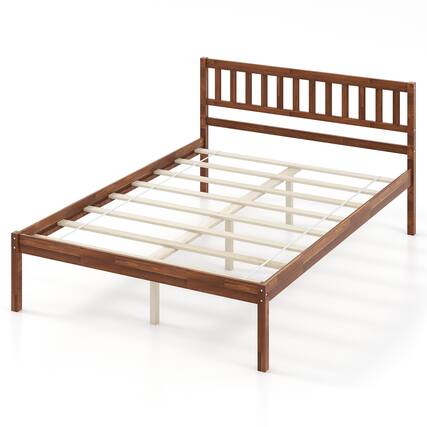 Front. Ecooso - Full Size Wooden Bed Frame with Sturdy Headboard and Slat Support System - Brown.