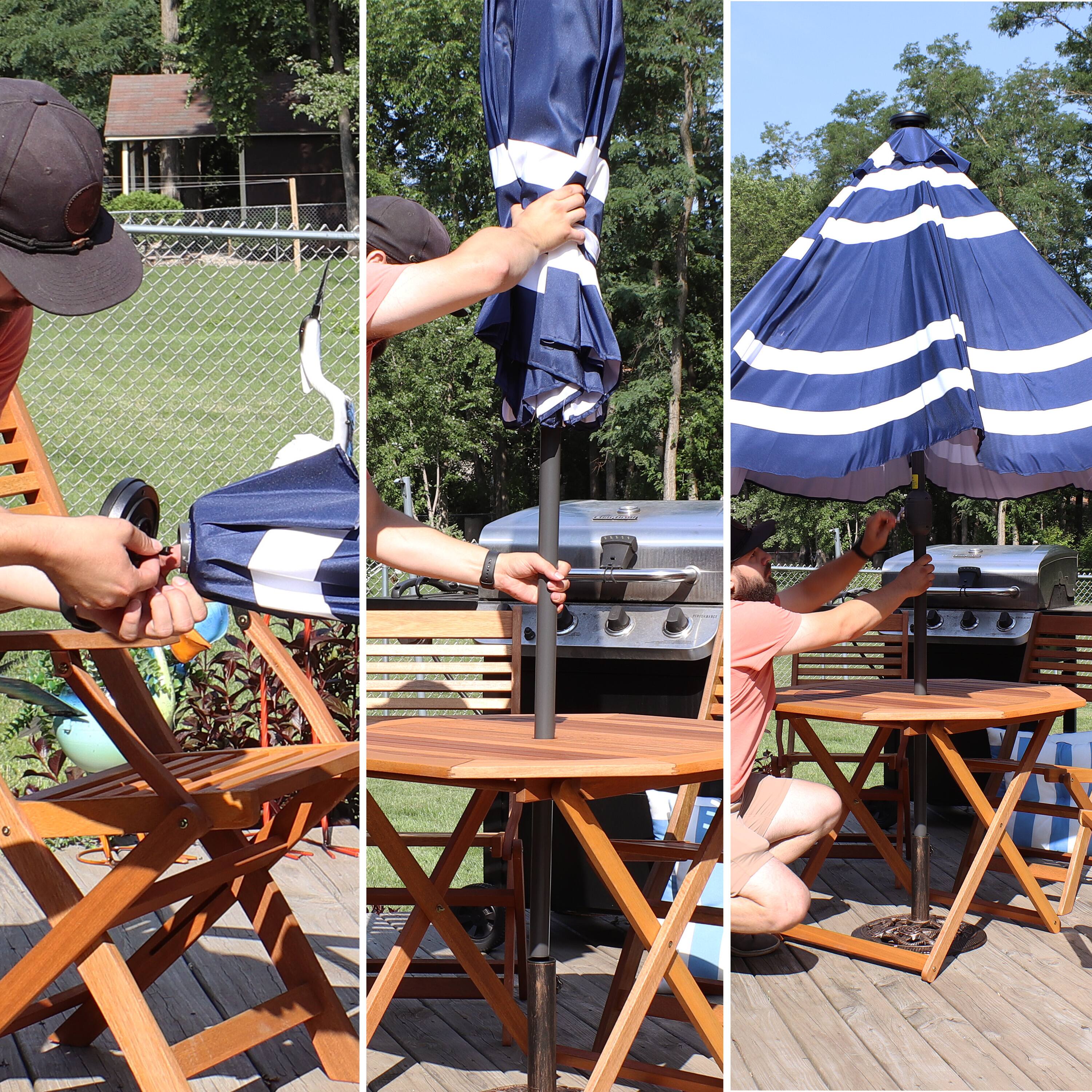 Alt View 9. Sunnydaze - 9 ft Solar Patio Umbrella with Lights, Tilt, and Crank - Navy Blue Stripe.