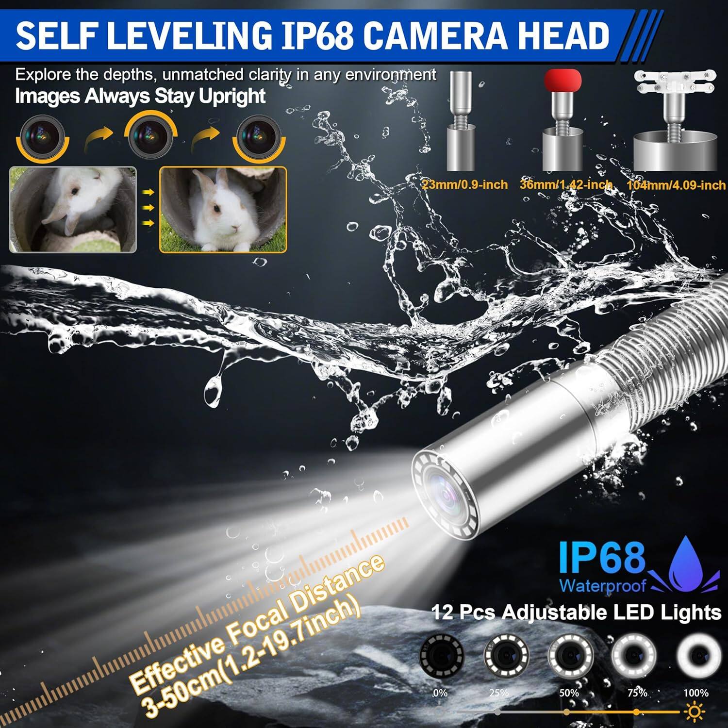 Back. Aukfa - Sewer Camera - 10" HD Borescope, Self-Leveling, IP68, 200Ft 7MM Cable, DVR, 5X Zoom, 32GB.