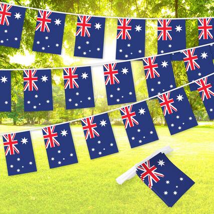 Front. G128 - Australia Bunting Banner 33 ft String with 38 Mini Flags - Assorted Colors.