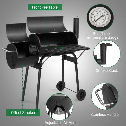 Front Pre-Table  
Real Time Temperature Gauge  
Smoke Stack  
Offset Smoker  
Stainless Handle  
Adjustable Air Vent