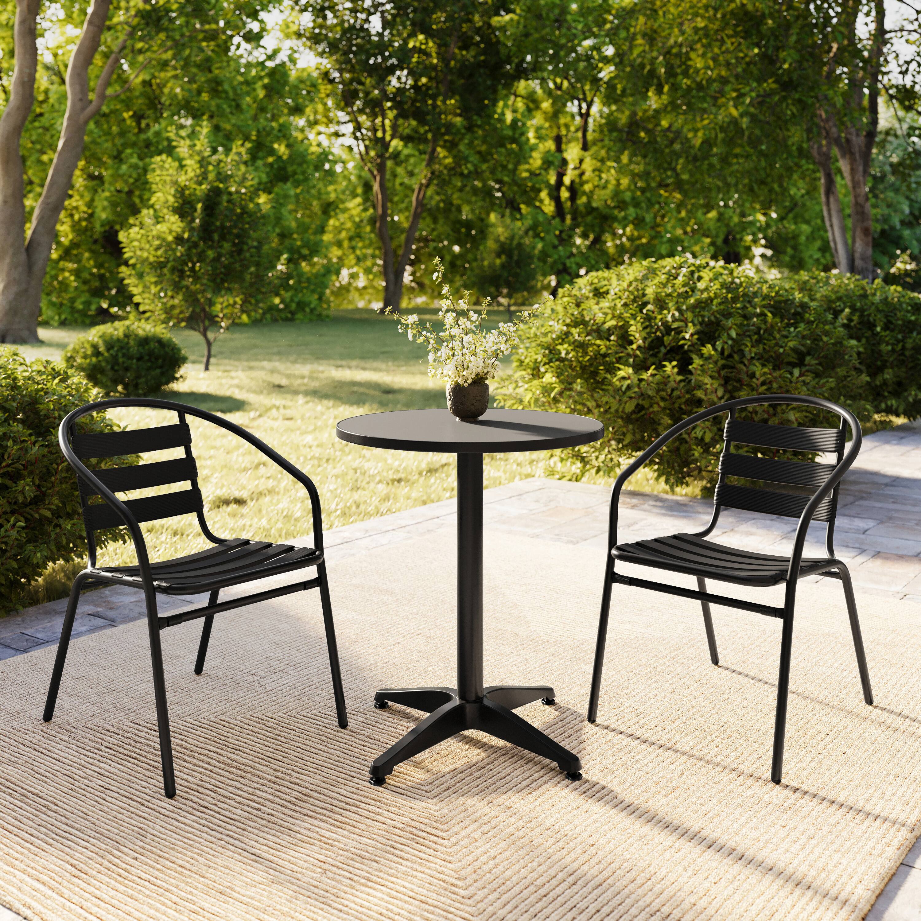 Alt View 2. Flash Furniture - Lila 23.5'' Black Round Aluminum Indoor-Outdoor Table Set with 2 Black Slat Back Chairs - Black.
