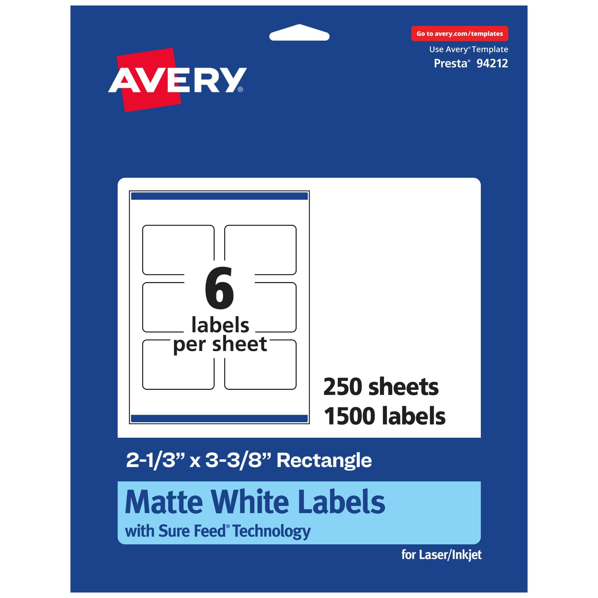 Avery - Rectangle Labels, 2-1/3" x 3-3/8", 1,500 Printable, Sure Feed, Easy Peel, Permanent Adhesive, Inkjet/Laser - White
