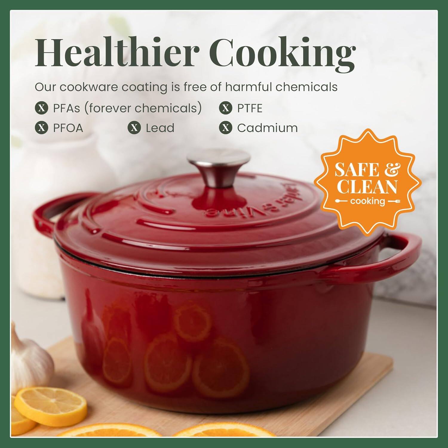 Healthier Cooking

Our cookware coating is free of harmful chemicals
- PFAs (forever chemicals)
- PFOA
- Lead
- Cadmium
- PTFE

SAFE & CLEAN cooking