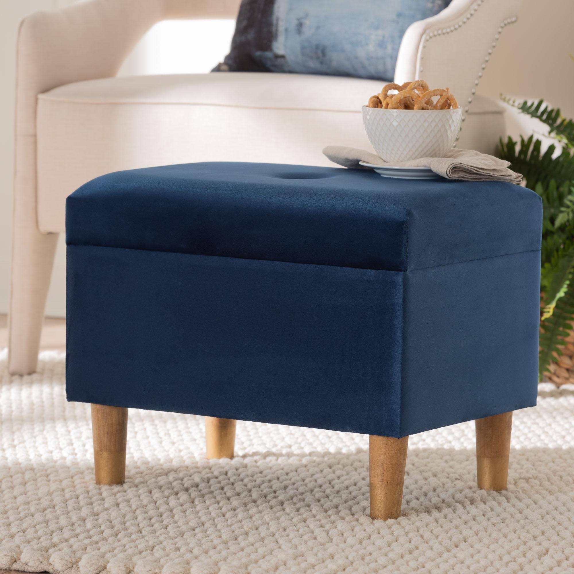 Alt View 4. Baxton Studio - Elias Modern Velvet Fabric Storage Ottoman - Navy Blue/Oak Brown.