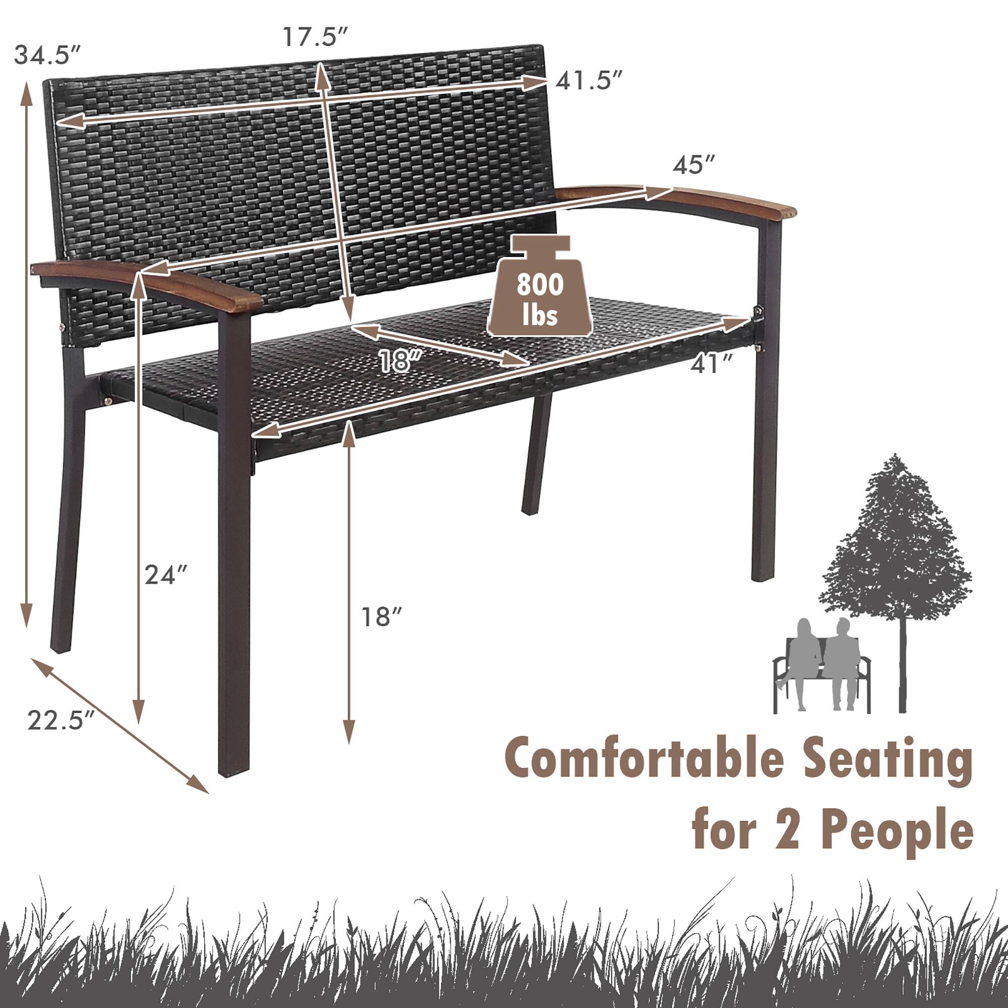 34.5"  
17.5"  
41.5"  
45"  
18"  
800 lbs  
41"  
24"  
18"  
22.5"  

Comfortable Seating for 2 People