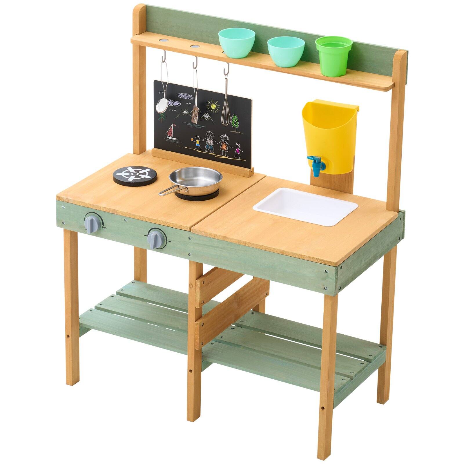 Alt View 8. Glintex - Outdoor Wooden Mud Kitchen for Kids, Pretend Kitchen Playset with Planter Box, Stove, Faucet, Blackboard & Cookware.