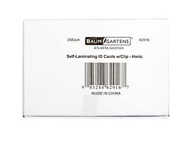 25 Each  
BAUM GARTENS  
ATLANTA, GA 30324  

Self-Laminating ID Cards w/Clip - Horiz.  

62916  

0 85288 62916 7  

MADE IN CHINA