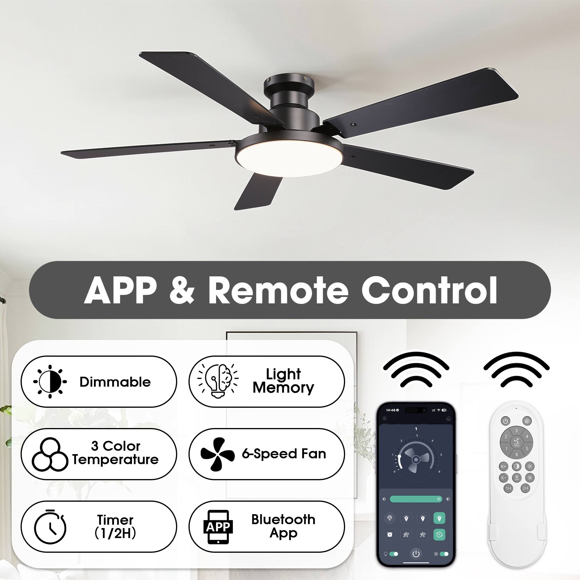 APP & Remote Control Dimmable Light Memory .0. C 3 Color Temperature 6-Speed Fan 1 1 5 1 I 4  1- 1e 2H - Timer (1/2H) Bluetooth APP App