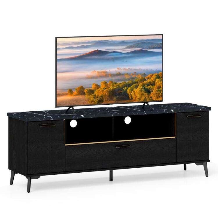 Front. SlickBlue - Wood TV Stand with Flip Door Cabinet, Stylish Media Console for Home - Black.