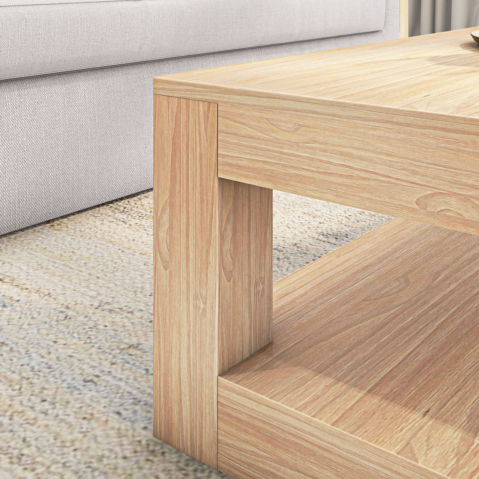 Alt View 3. Plank+Beam - Modern Rectangular Coffee Table with Bottom Shelf (48in x 24in / 1220mm x 610mm), Blonde Wirebrush - Blonde Wirebrush.