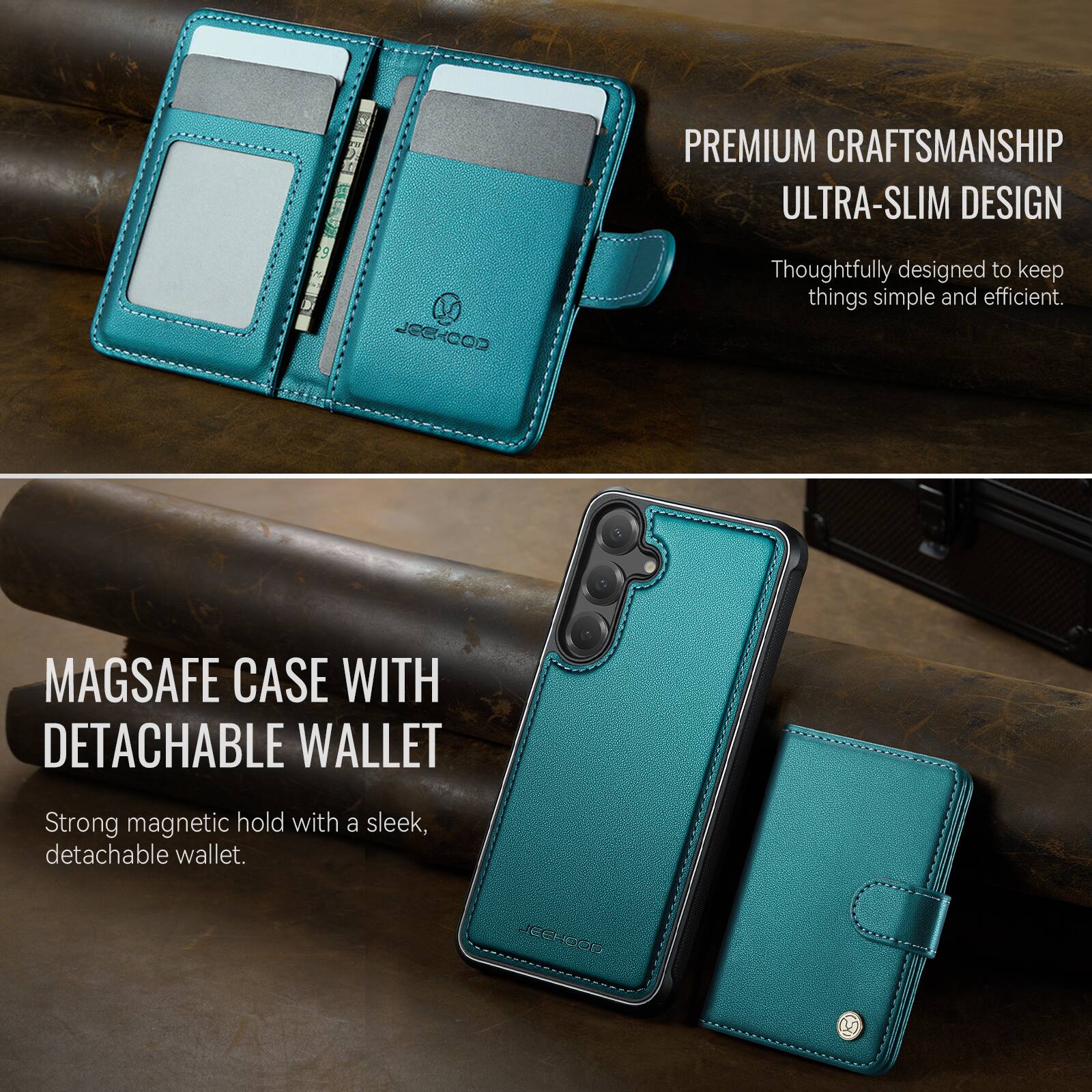 PREMIUM CRAFTSMANSHIP  
ULTRA-SLIM DESIGN  
Thoughtfully designed to keep things simple and efficient.  

MAGSAFE CASE WITH DETACHABLE WALLET  
Strong magnetic hold with a sleek, detachable wallet.