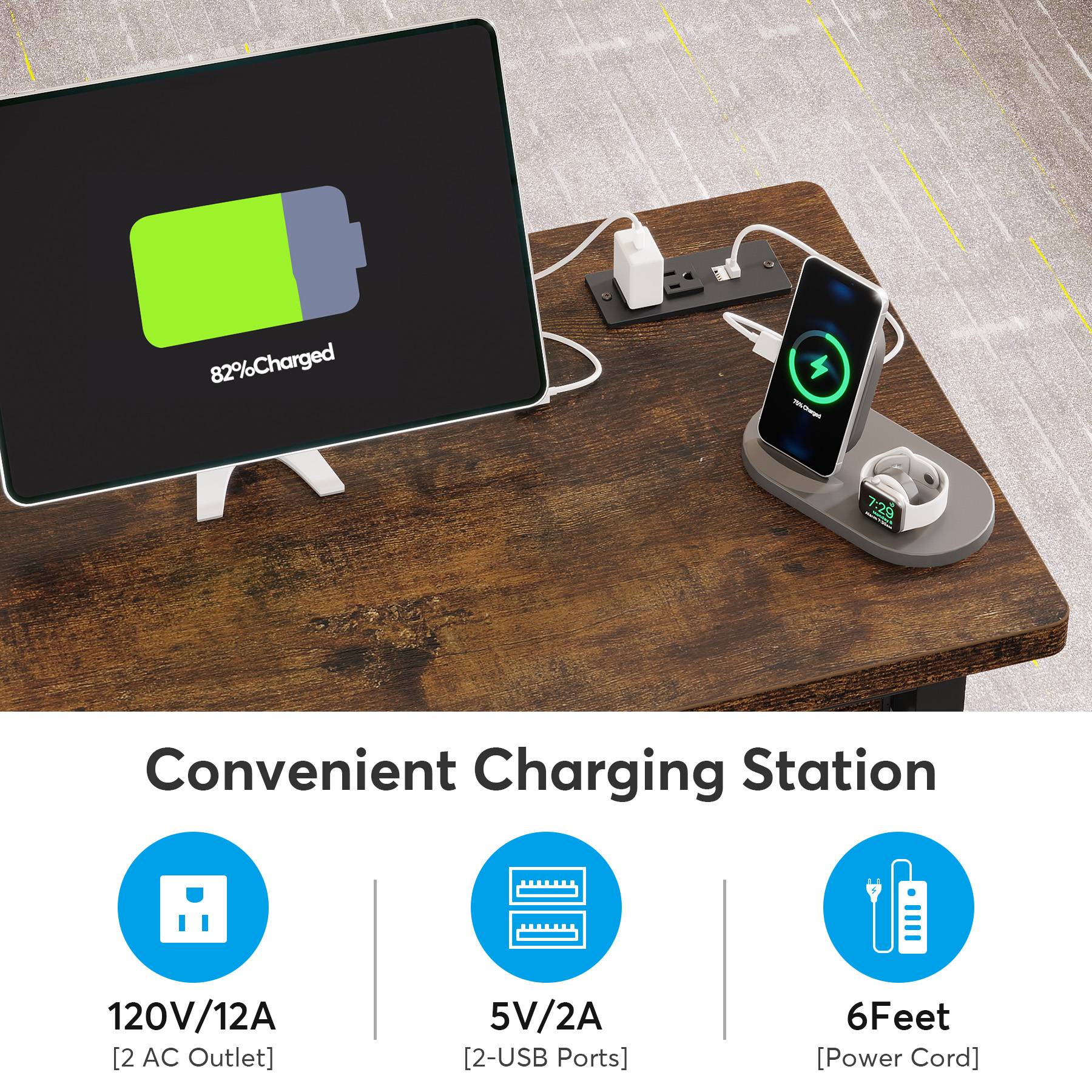 82% Charged  
-PIN-Charged  
7:29  
Convenient Charging Station  
120V/12A [2 AC Outlet]  
5V/2A [2 USB Ports]  
6 Feet [Power Cord]