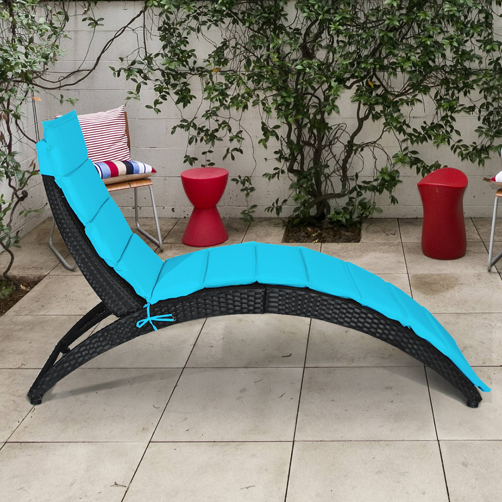Alt View 2. Gymax - Gymax Foldable Rattan Wicker Chaise Lounge Chair w/ Turquoise Cushion Patio Outdoor - Black.