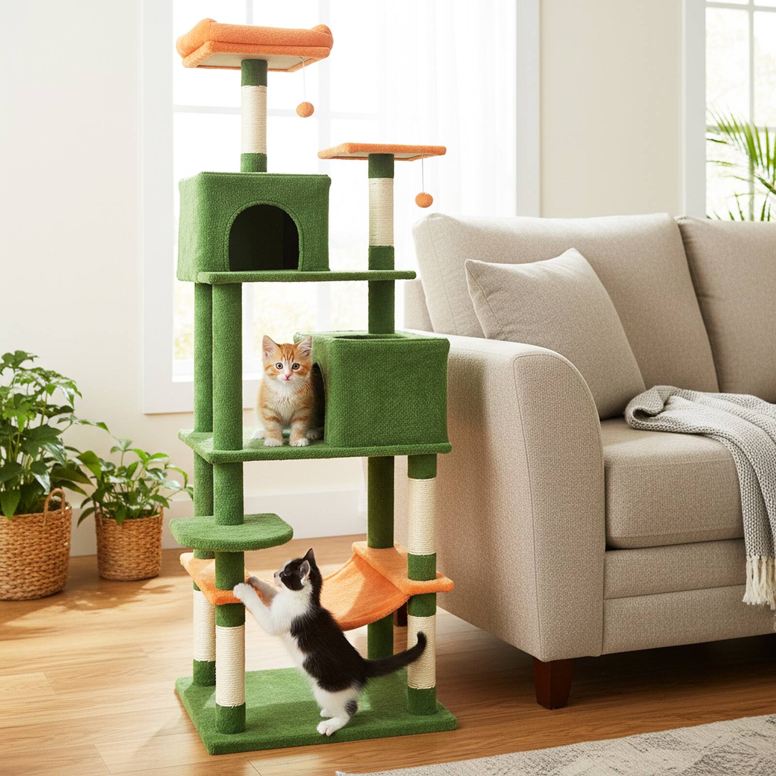 Alt View 3. Costway - Costway 70" Cat Tree for Indoor Cats with Padded Top Perch, Dual Condos, Hammock, Platforms - Green.
