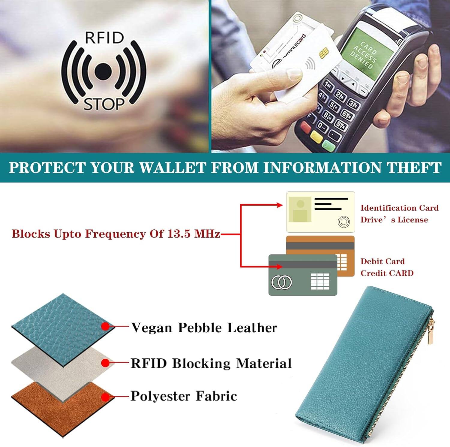 RFID STOP

PROTECT YOUR WALLET FROM INFORMATION THEFT

Blocks Upto Frequency Of 13.5 MHz

- Vegan Pebble Leather
- RFID Blocking Material
- Polyester Fabric

Identification Card Drive's License
Debit Card
Credit CARD