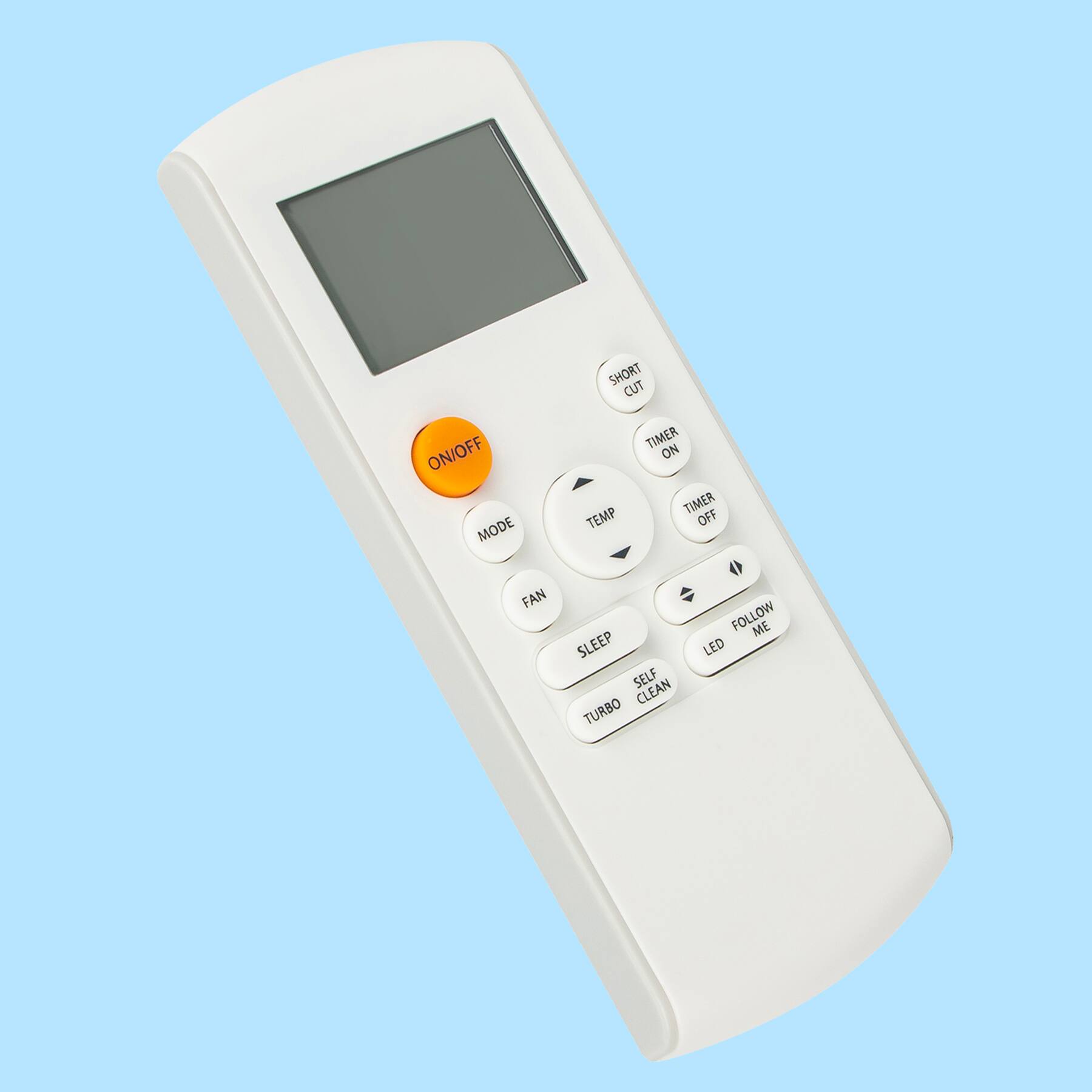 Here is the corrected and grouped text from the image:

**Top Row:**
- SHORT CUT
- TIMER ON
- TIMER OFF

**Middle Row:**
- TEMP
- MODE

**Bottom Row:**
- ON/OFF
- FAN
- SLEEP
- TURBO
- SELF CLEAN

**Right Side:**
- LED
- FOLLOW ME