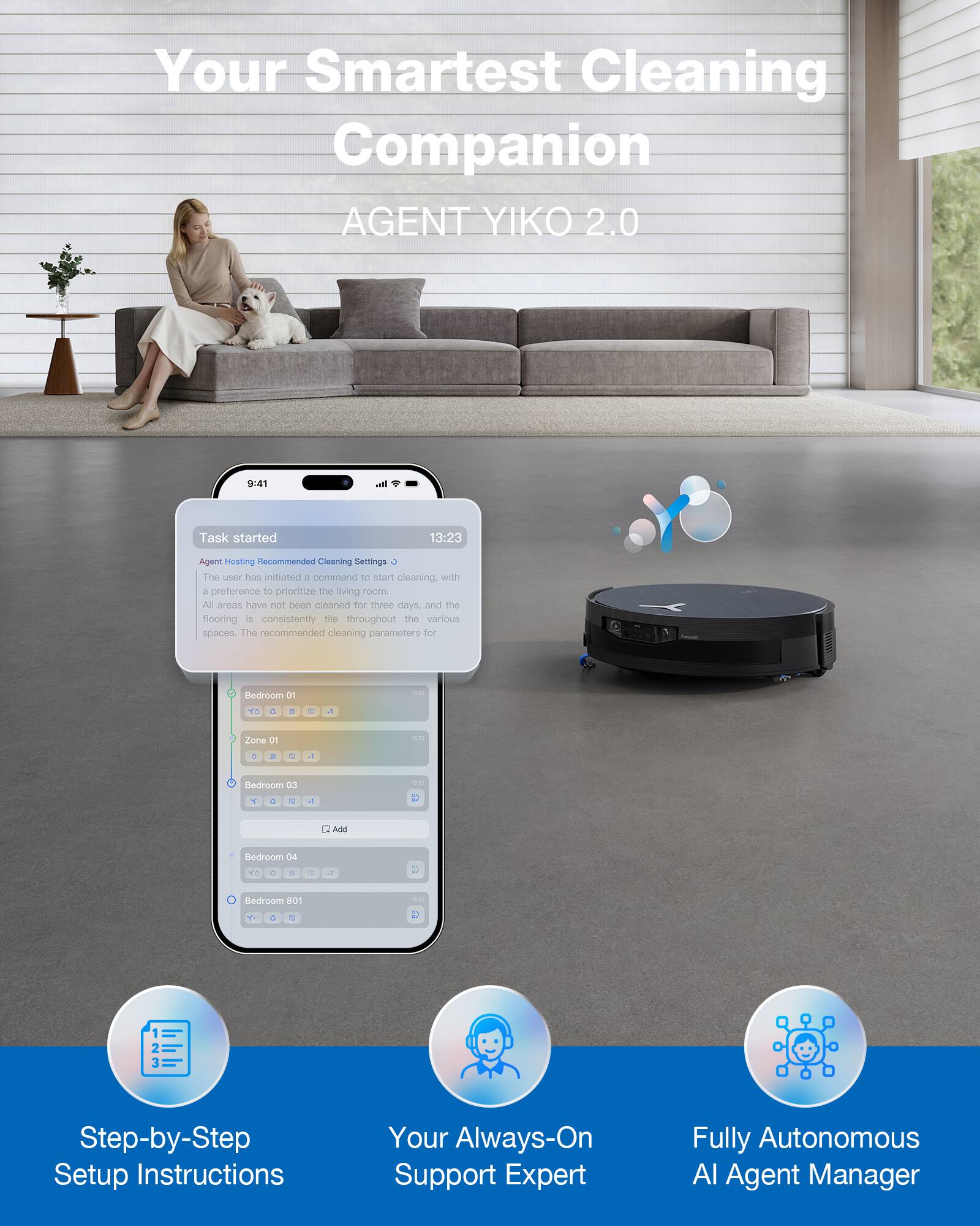 Your Smartest Cleaning Companion  
AGENT YIKO 2.0  

9:41  
Task started  
13:23  

Agent Hosting Recommended Cleaning Settings  
The user has initiated a command to start cleaning, with a preference to prioritize the living room. All areas have not been cleaned for three days, and the flooring is consistently tile throughout the various spaces. The recommended cleaning parameters for:  

- Bedroom 01  
- Zone 01  
- Bedroom 03  
- Bedroom 04  
- Bedroom 801  

Step-by-Step Setup Instructions  
Your Always-On Support Expert  
Fully Autonomous AI Agent Manager