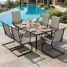 Nuu Garden - 7-Piece Patio Dining Set with Umbrella Hole, Breathable Textilene Fabric - Brown and Black