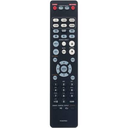 POWER AMP POWER REMOTE MODE- CD NET CD TUNER NETWORK PHONO AUX RECORDER H SOUND MODE b 1 SOURCE DIRECT INPUT MUTE VOLUME INFO Kx TOP MENU TIME MODE ENTER FAVORITES Y PROG SETUP / 1 GHI 4 PORS 7 ABC 2 JKL 5 TUV 8 DEF 3 MNO 6 WXYZ 9 Ala 10 0 CLEAR DIMMER RANDOM REPEAT SEARCH x RC002PMSA