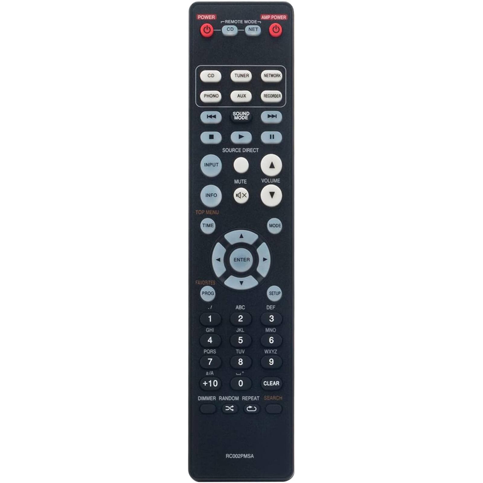 POWER AMP POWER REMOTE MODE- CD NET CD TUNER NETWORK PHONO AUX RECORDER H SOUND MODE b 1 SOURCE DIRECT INPUT MUTE VOLUME INFO Kx TOP MENU TIME MODE ENTER FAVORITES Y PROG SETUP / 1 GHI 4 PORS 7 ABC 2 JKL 5 TUV 8 DEF 3 MNO 6 WXYZ 9 Ala 10 0 CLEAR DIMMER RANDOM REPEAT SEARCH x RC002PMSA