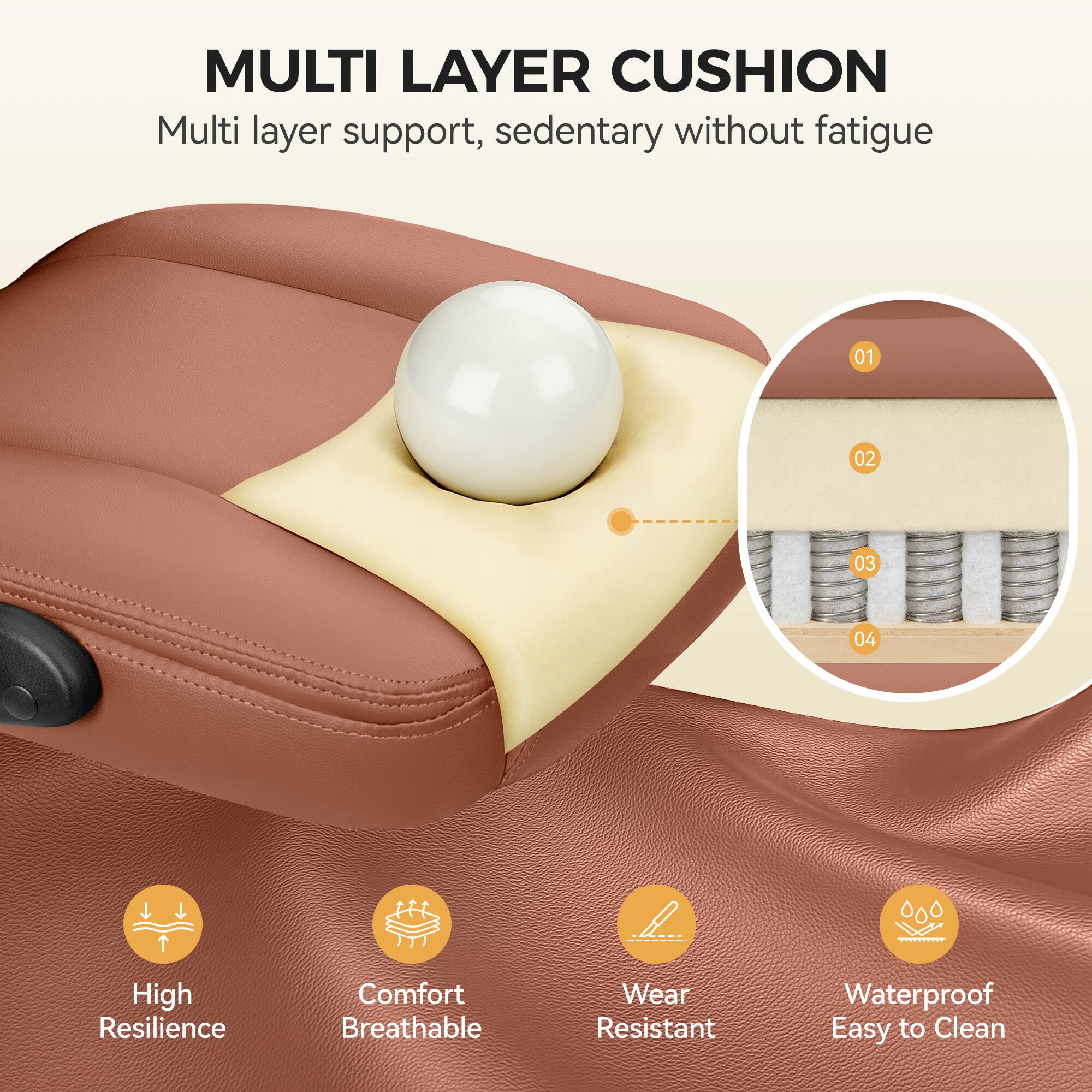 MULTI LAYER CUSHION

Multi layer support, sedentary without fatigue

01
02
03
04

High Resilience
Comfort Breathable
Wear Resistant
Waterproof Easy to Clean