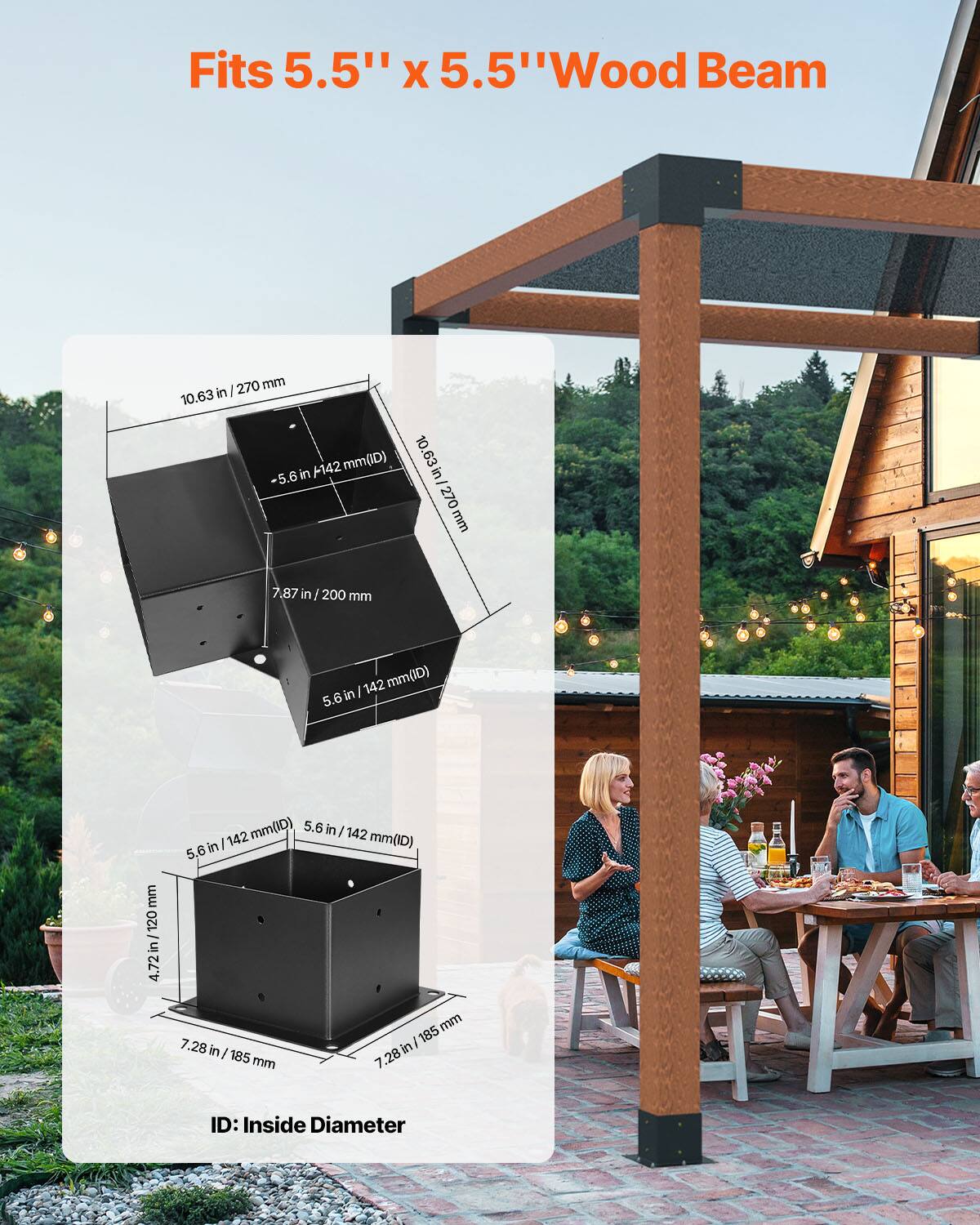 Fits 5.5" x 5.5" Wood Beam

- 10.63 in / 270 mm
- 7.87 in / 200 mm
- 5.6 in / 142 mm (D)
- 4.72 in / 120 mm
- 7.28 in / 185 mm (ID)

ID: Inside Diameter