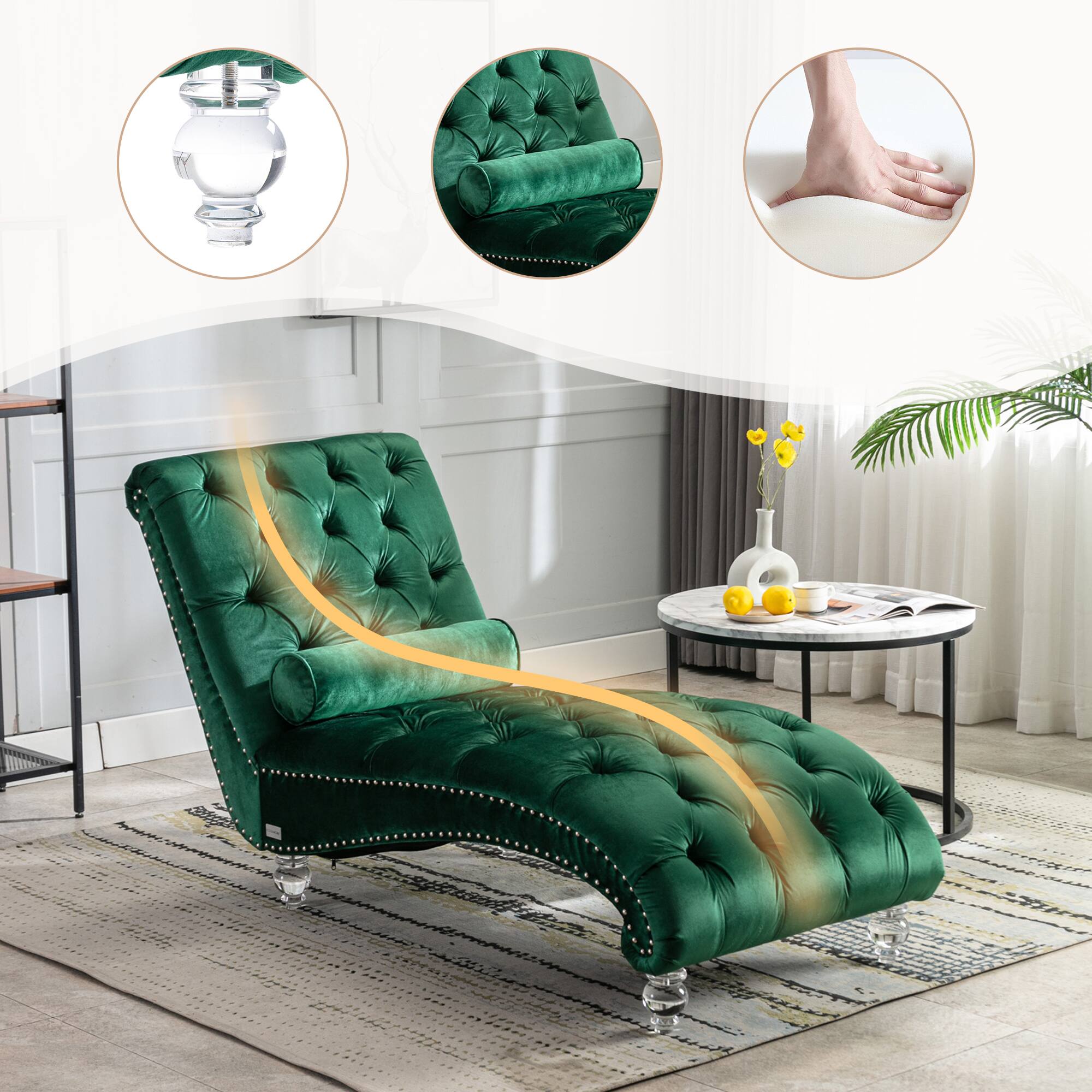 Alt View 1. Trinkets Crazed - Velvet Indoor Chaise Lounge Chair with Toss Pillow, Upholstered Modern Tufted Button Lounge Chair with Acrylic Legs - Emerald.
