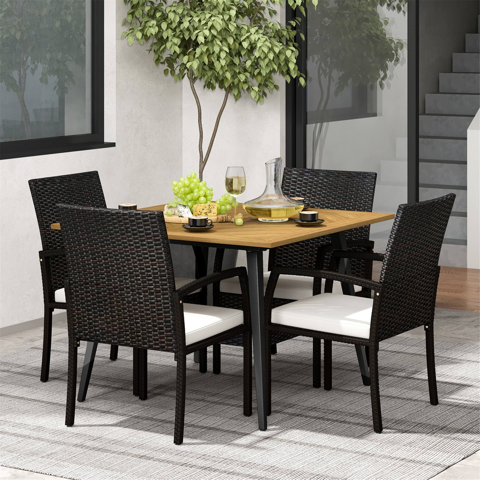Alt View 3. Gymax - Gymax 5PCS Patio PE Wicker Dining Set 42.5'' Table w/ 1.9'' Umbrella Hole Chairs - Brown, White.