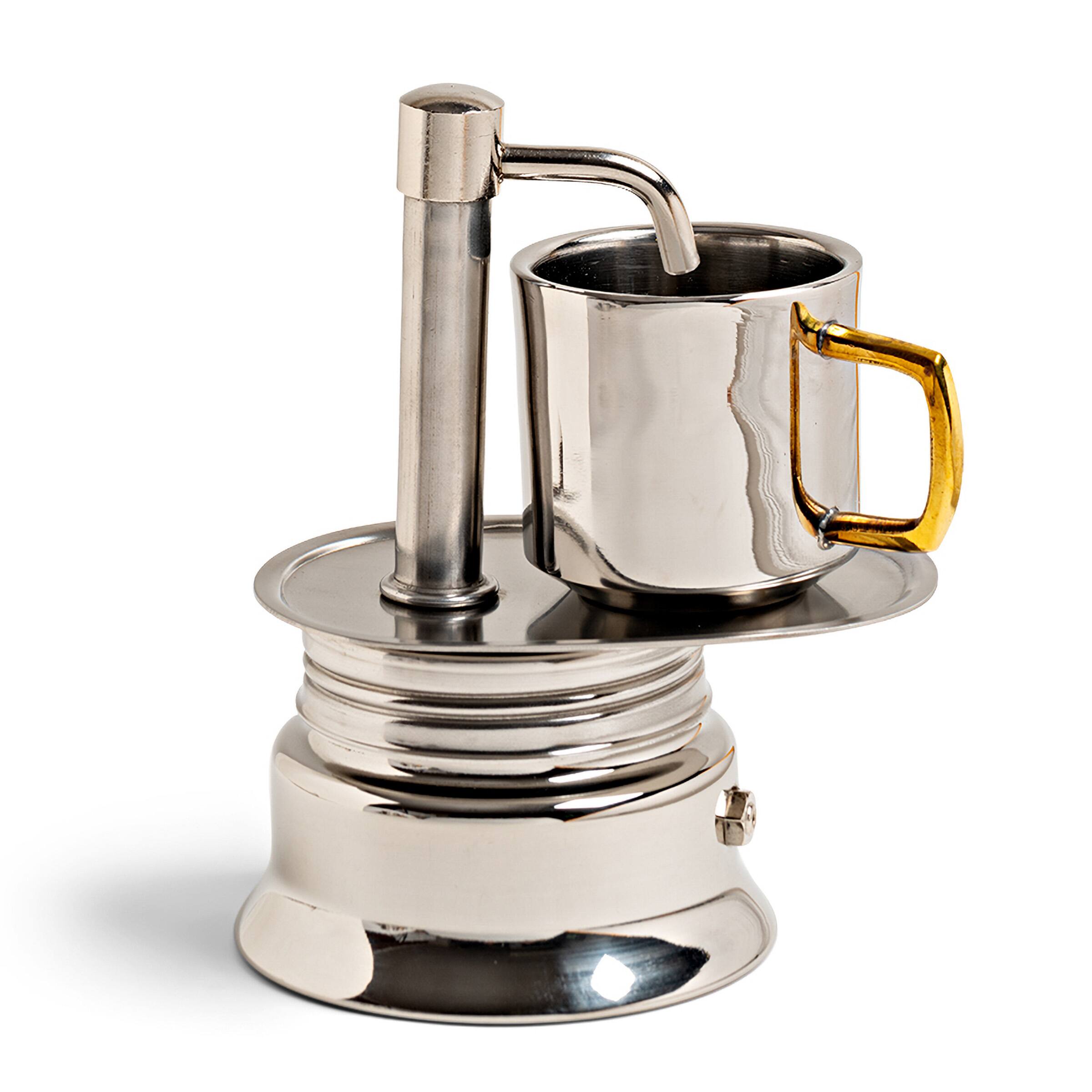 Angle. Kings County Tools - Single Spout 1 Cup Coffee Maker - Chrome.