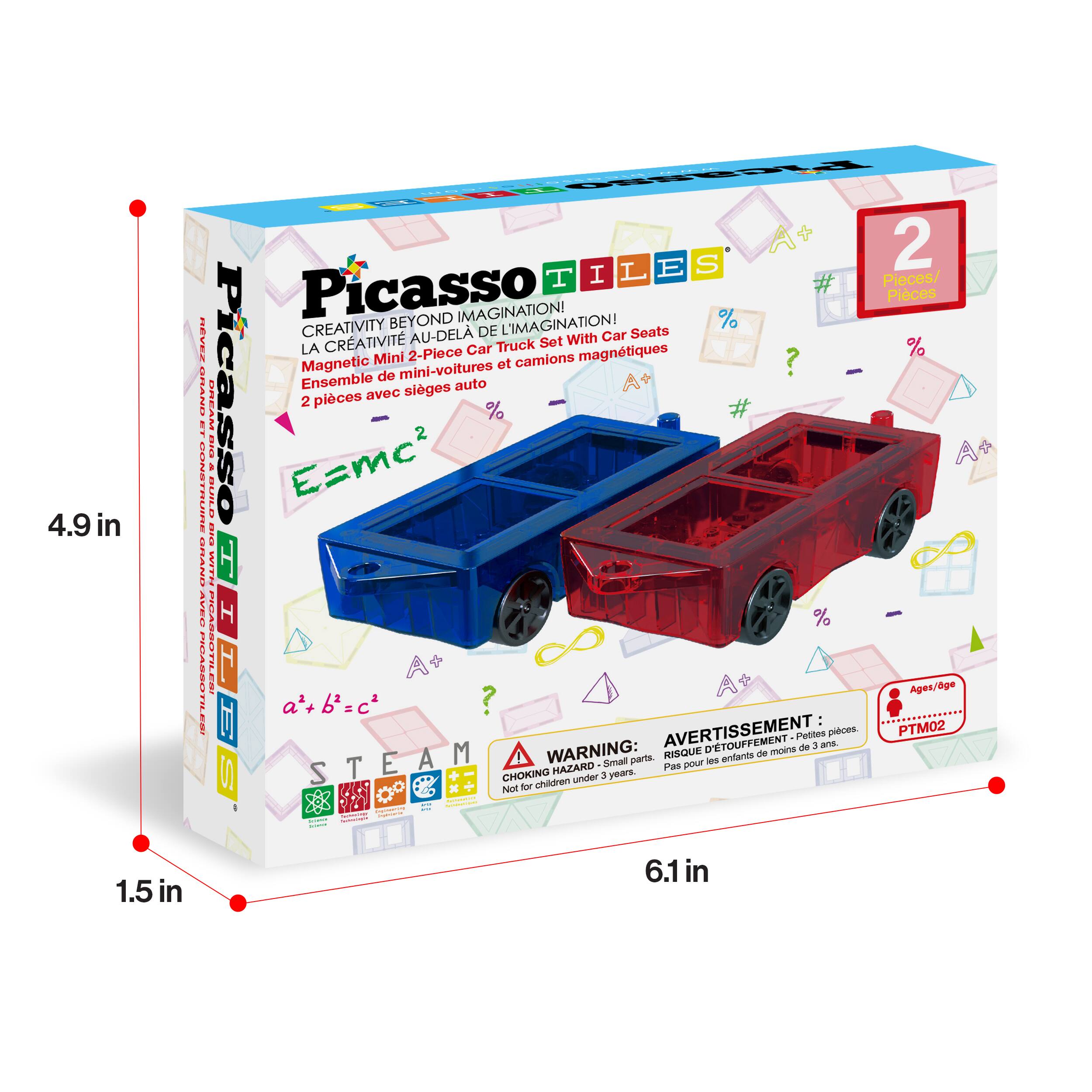 4.9 in  
Picasso Tiles  
Creativity Beyond Imagination!  
La Créativité Au-Delà de l'Imagination!  
Magnetic Mini 2-Piece Car Truck Set With Car Seats  
Ensemble de mini-voitures camionnettes avec sièges auto  
2 Pieces  
Ages/Age: 3+  
Warning: Small parts - Not for children under 3 years.  
Avertissement: Petits pièces - Pas pour les enfants de moins de 3 ans.  
PTM02  
1.5 in  
6.1 in