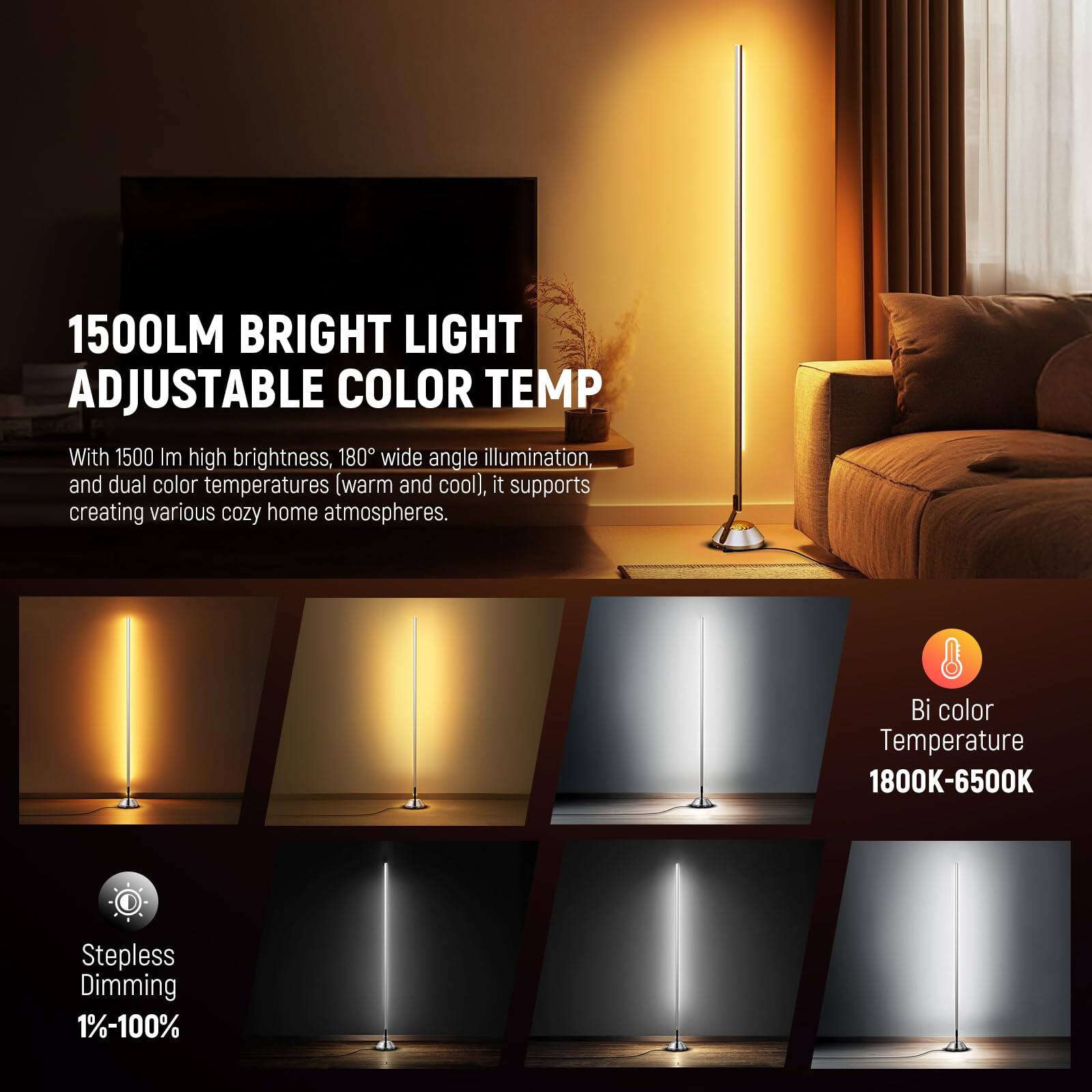 1500LM BRIGHT LIGHT ADJUSTABLE COLOR TEMP

With 1500 lm high brightness, 180° wide angle illumination, and dual color temperatures (warm and cool), it supports creating various cozy home atmospheres.

Bi color Temperature 1800K-6500K

Stepless Dimming 1%-100%