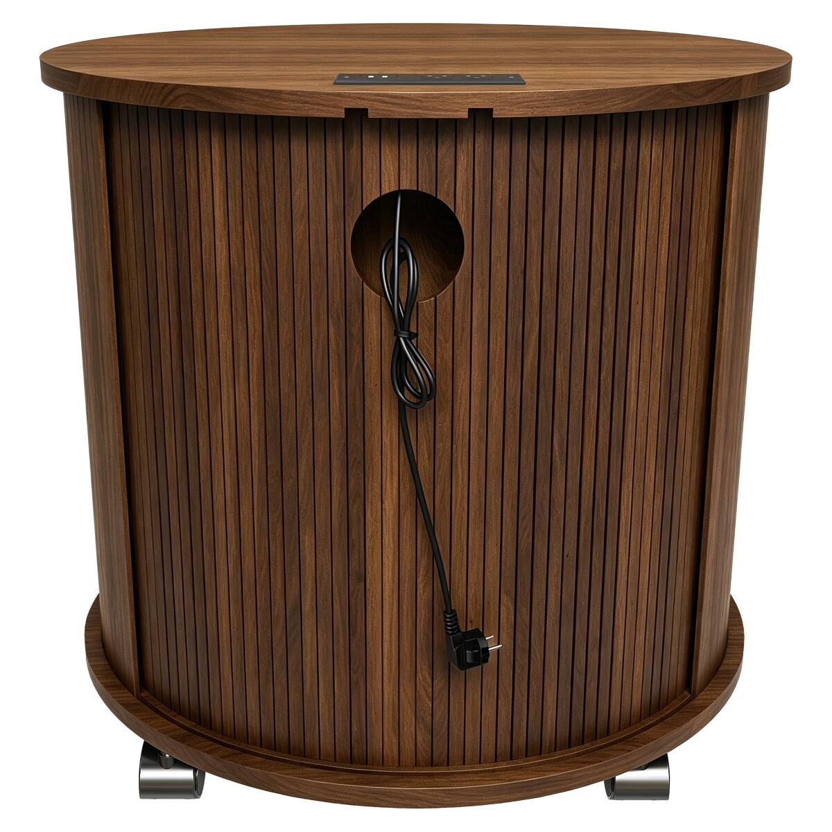Angle. Loheer - Loheer Cylinder Nightstand with Built-In Charging Station, Walnut Finish and Sliding Door - Walnut.