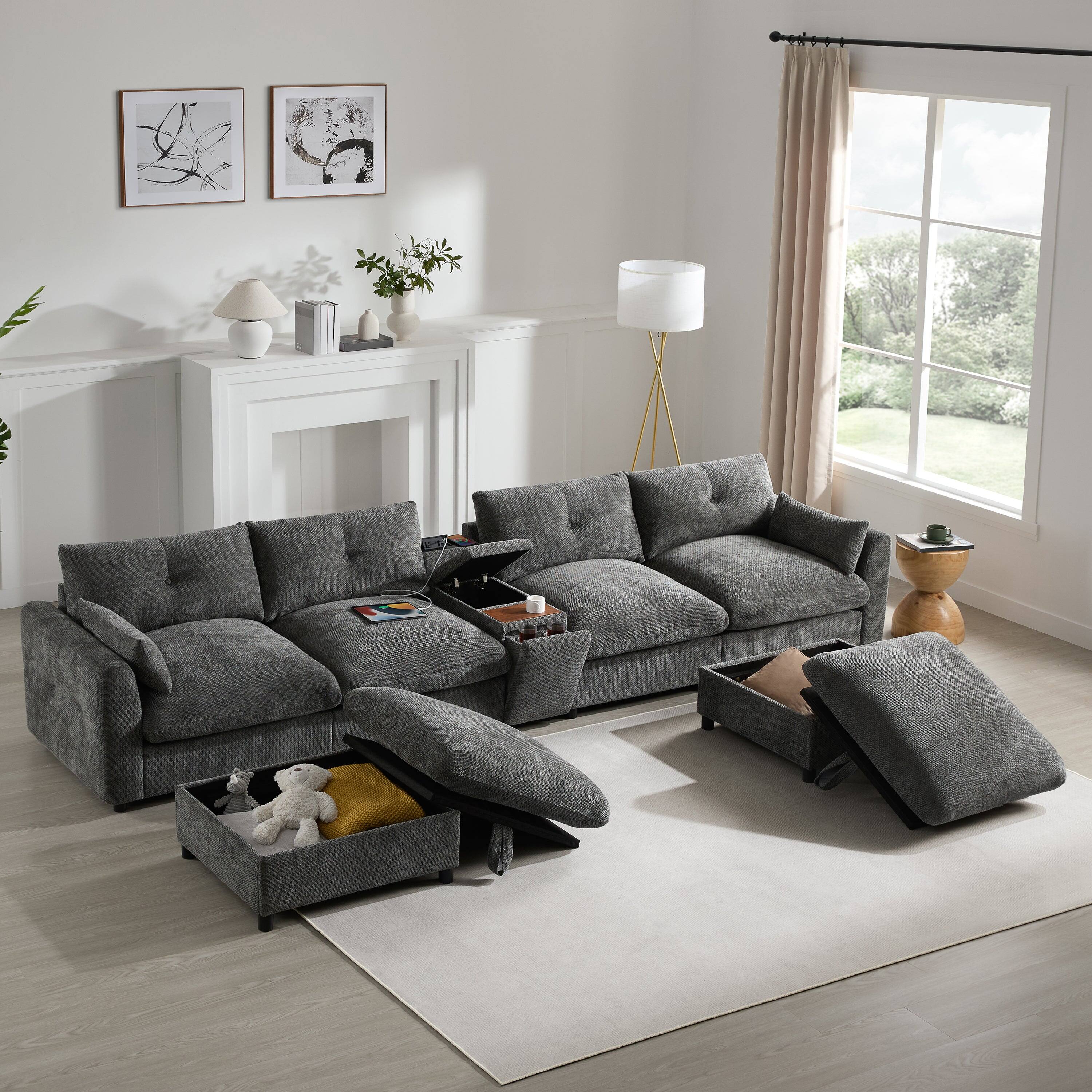 Alt View 1. Boyel Living - Modular Sectional Sofa Pull-line&Tufted Design USB Charger Movable Storage Ottoman Gray Chenille - Gray.