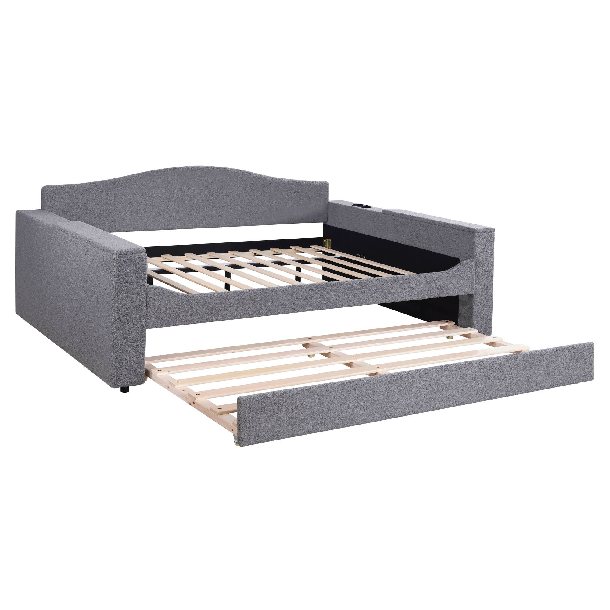 Alt View 5. Tiramisubest - Full Size Upholstered Daybed with Storage Armrests, Trundle and Latest Integrated Bluetooth Audio System, Teddy Fleece - Gray.