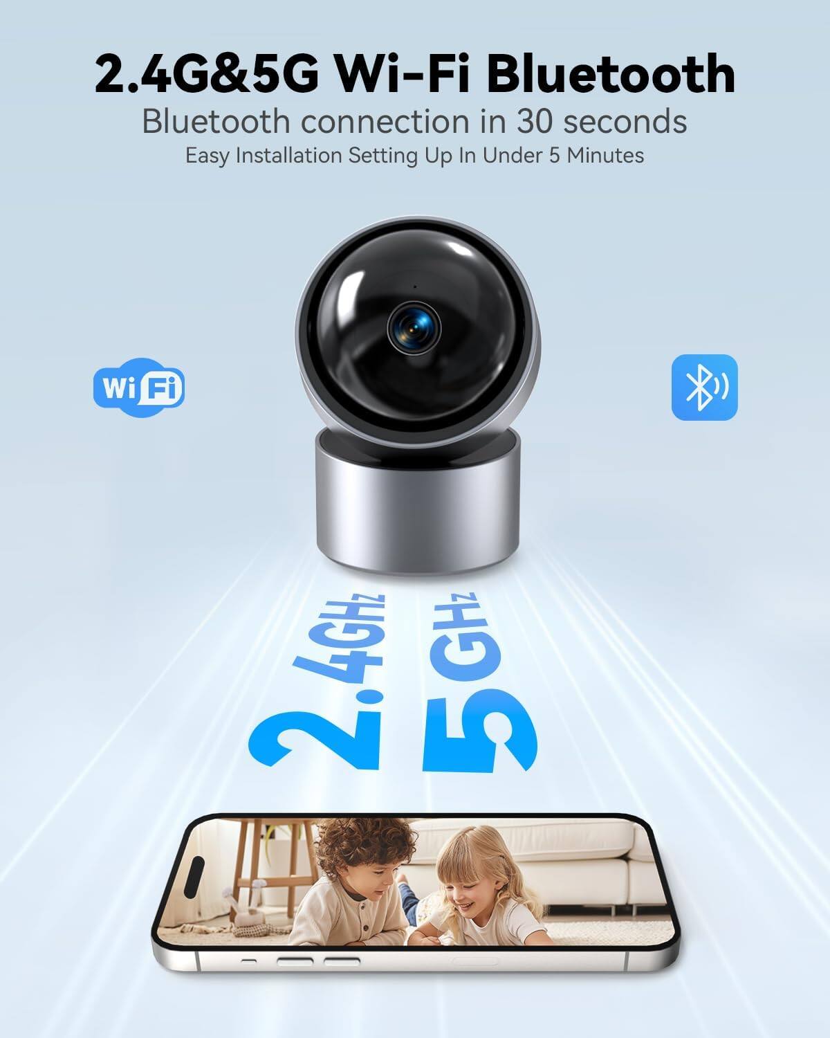 2.4G&5G Wi-Fi Bluetooth  
Bluetooth connection in 30 seconds  
Easy Installation Setting Up In Under 5 Minutes  

Wi-Fi  
2.4GHz  
5GHz