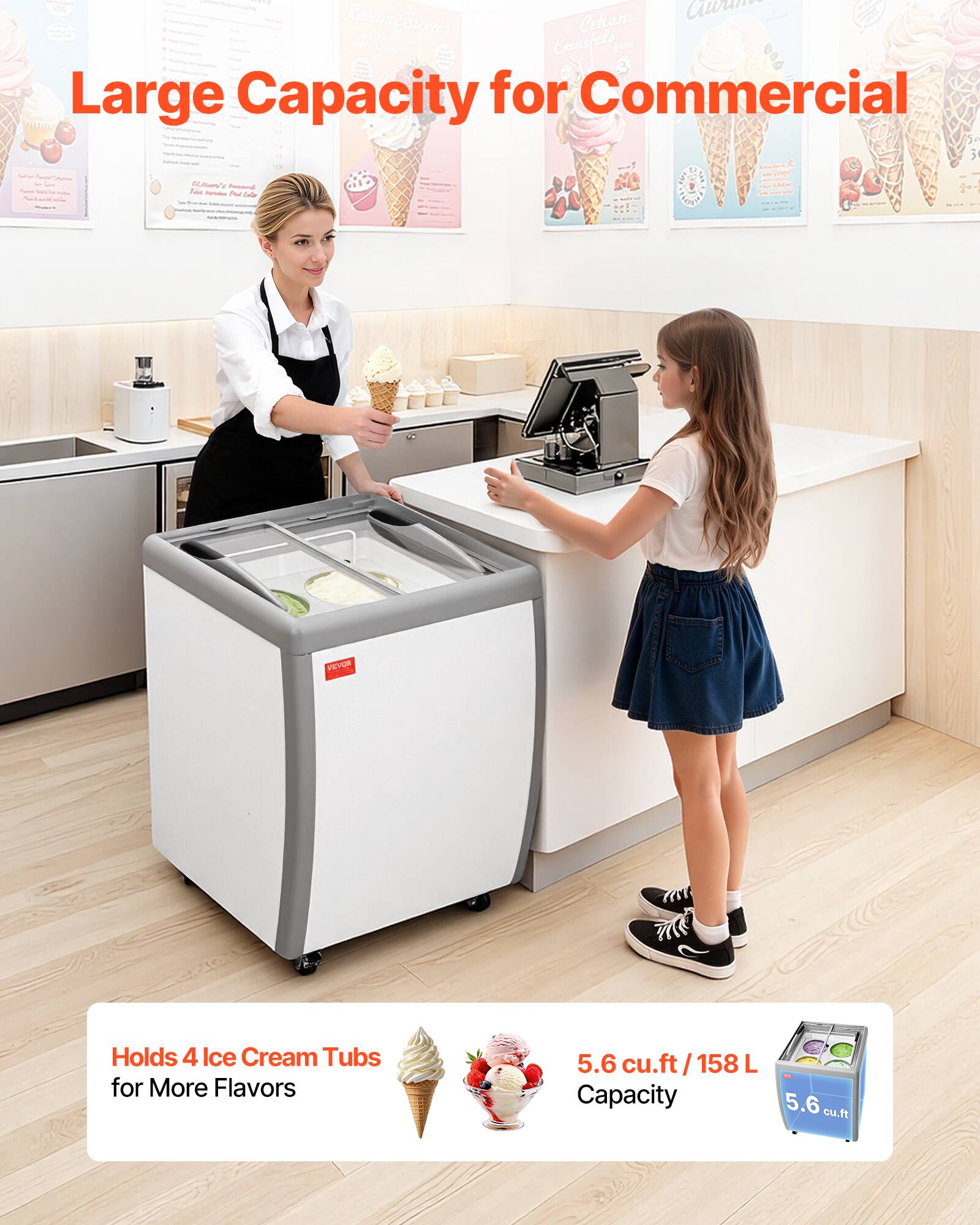 Large Capacity for Commercial

Holds 4 Ice Cream Tubs for More Flavors

5.6 cu.ft / 158 L Capacity