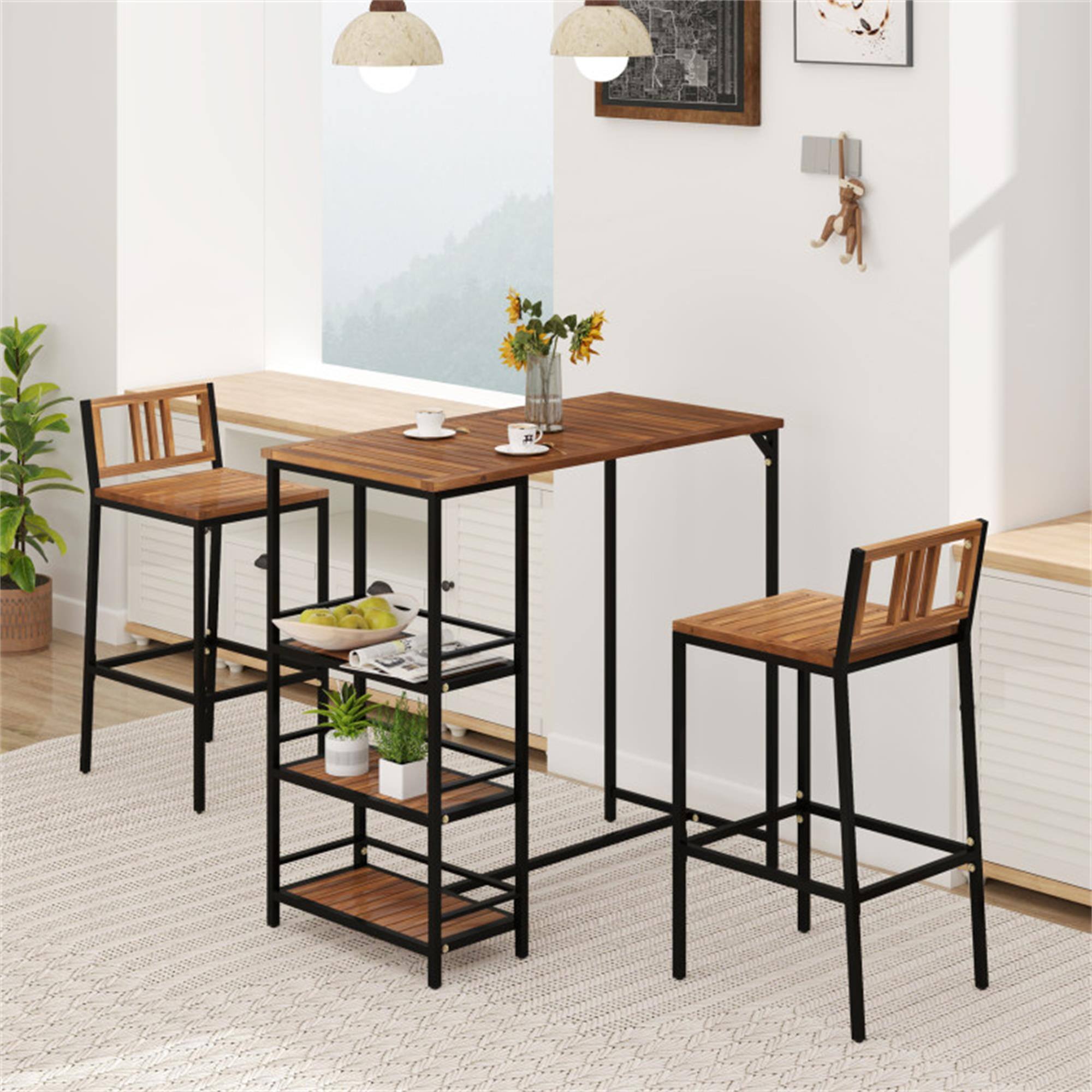 Alt View 4. Boyel Living - Brown 3Piece Wood Bar Set HeavyDuty Metal Frame Solid Wood Table Top 3Tier Storage Shelf Outdoor Living Spaces - Brown.
