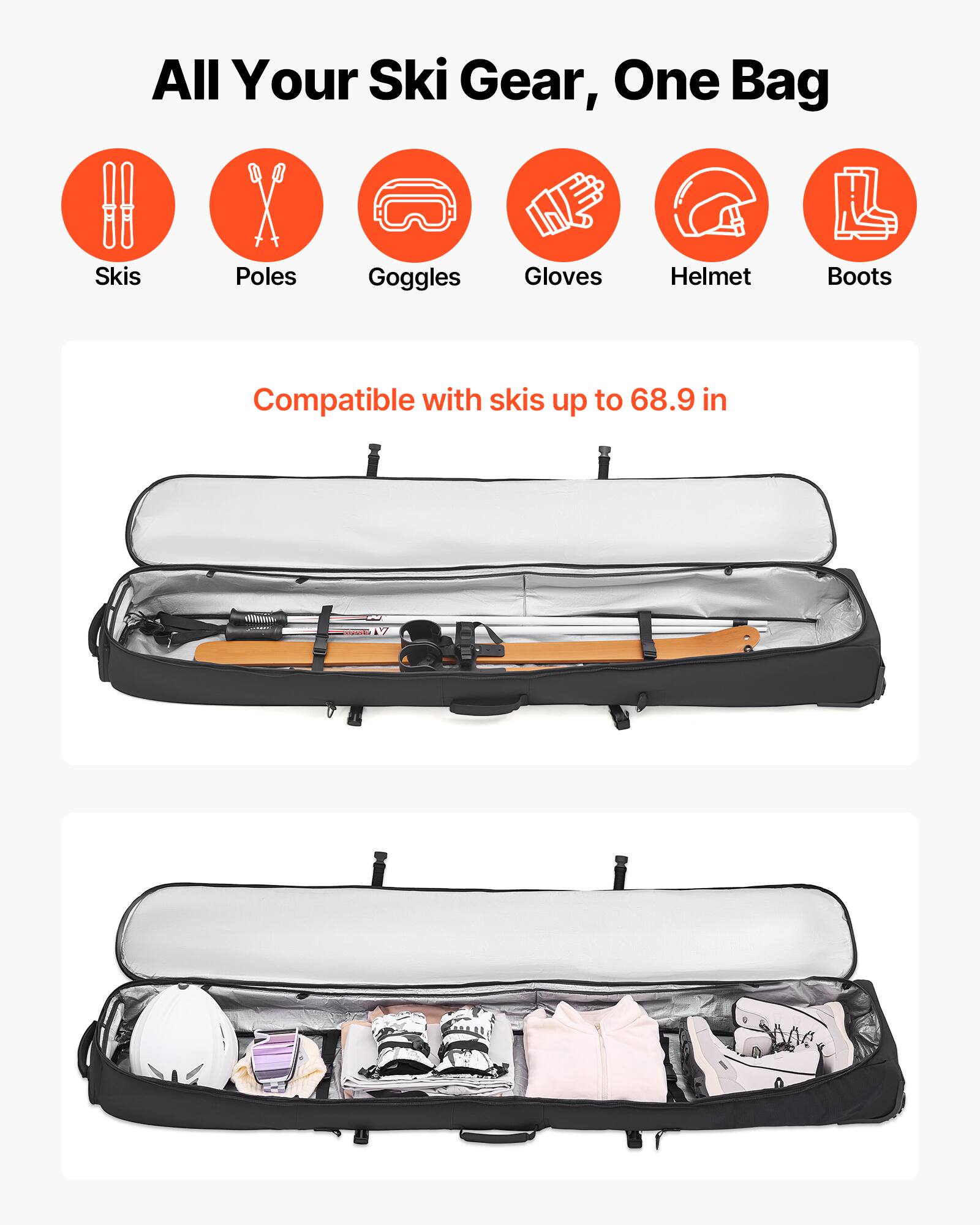 All Your Ski Gear, One Bag

Skis  
Poles  
Goggles  
Gloves  
Helmet  
Boots  

Compatible with skis up to 68.9 in