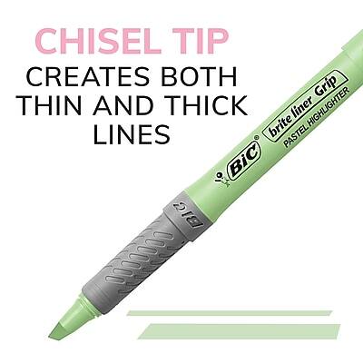 CHISEL TIP  
CREATES BOTH THIN AND THICK LINES  

BIC  
PASTEL HIGHLIGHTER  
brite liner  
Grip