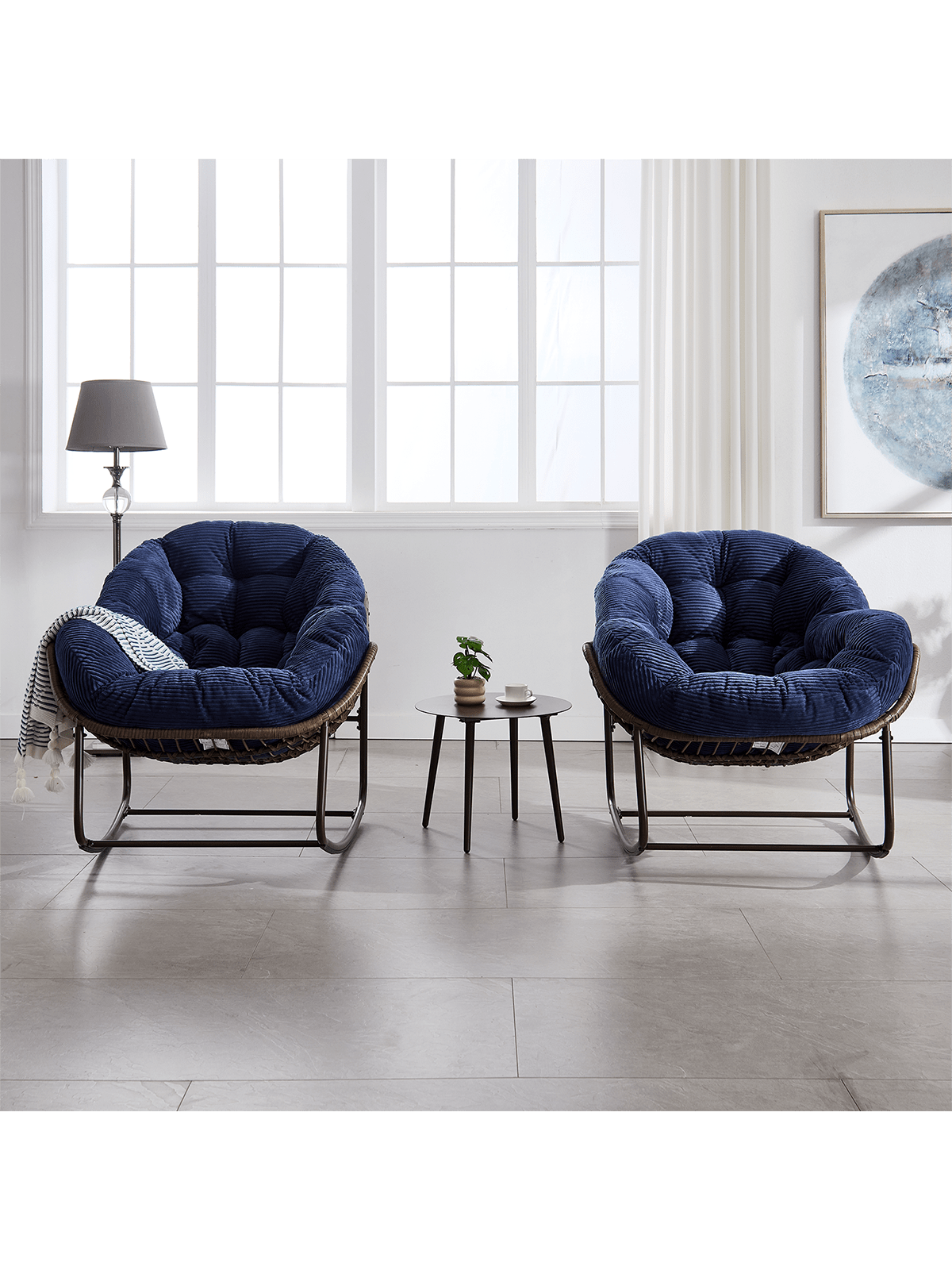 Left. Trinkets Crazed - Outdoor Indoor Rocking Chair Set Of 2, Oversized Patio Papasan Rocking Egg Chair With Padded Cushion - Navy Blue.