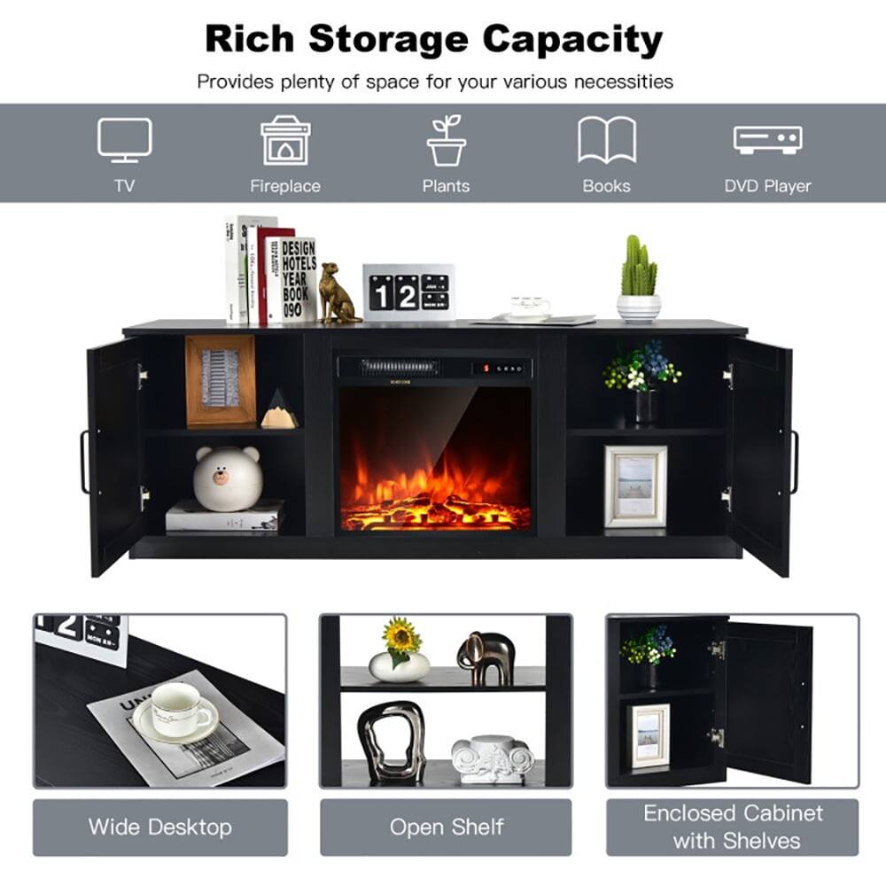 Rich Storage Capacity  
Provides plenty of space for your various necessities  

TV  
Fireplace  
Plants  
Books  
DVD Player  

Wide Desktop  
Open Shelf  
Enclosed Cabinet with Shelves