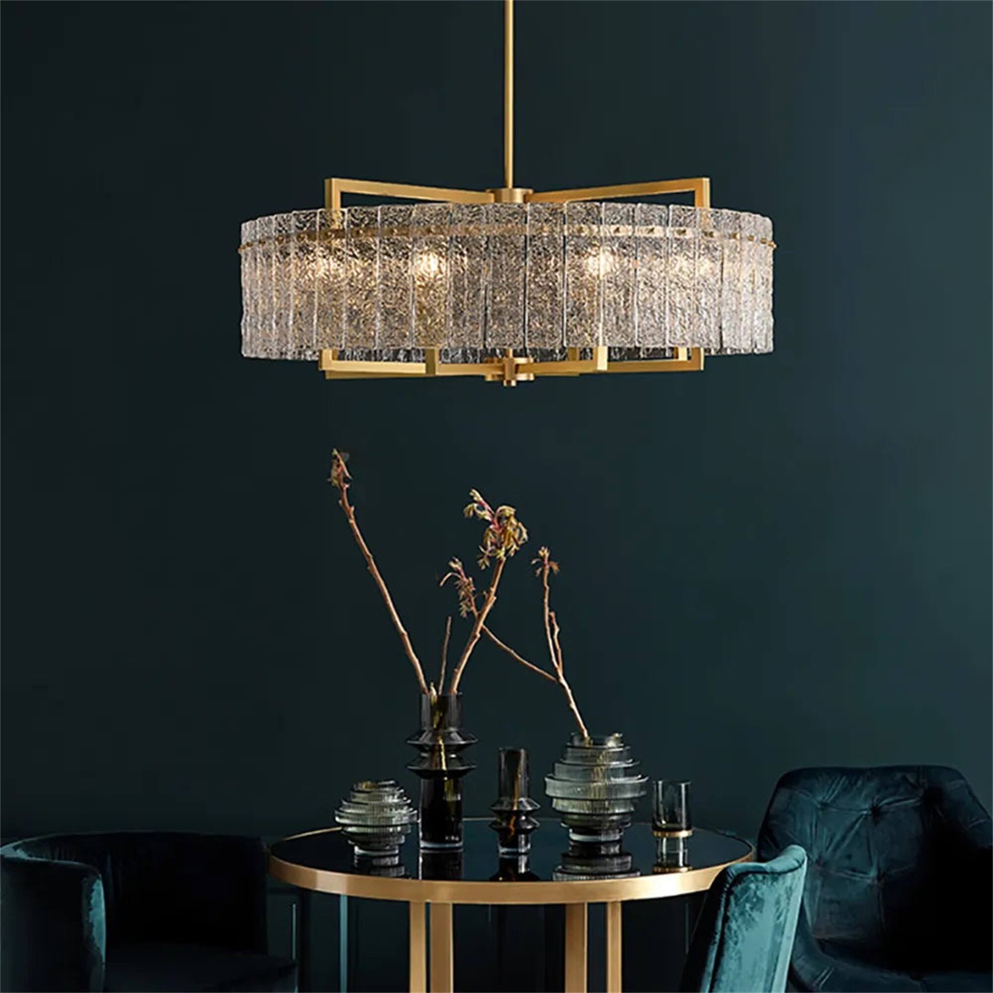 Angle. Siljoy - 33-Inch 8-Light Cracked Glass Crystal Chandelier, Height Adjustable for Dining Living Room Kitchen Island - Gold.