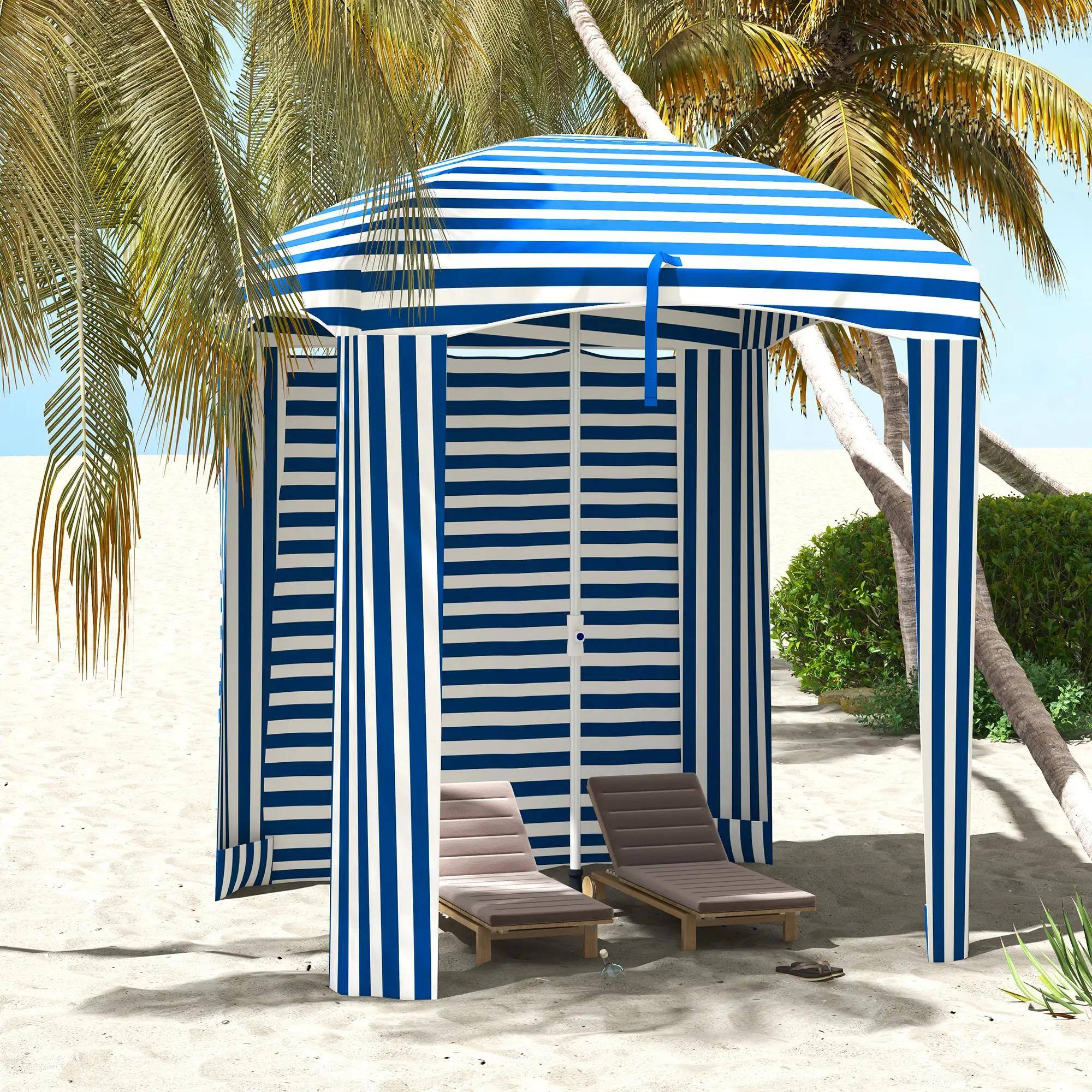 Alt View 6. Spaco - Spaco 5.8' x 5.8' Cabana Umbrella with Walls,Vents,Carry Bag,Beach Umbrella - Blue White Strip.