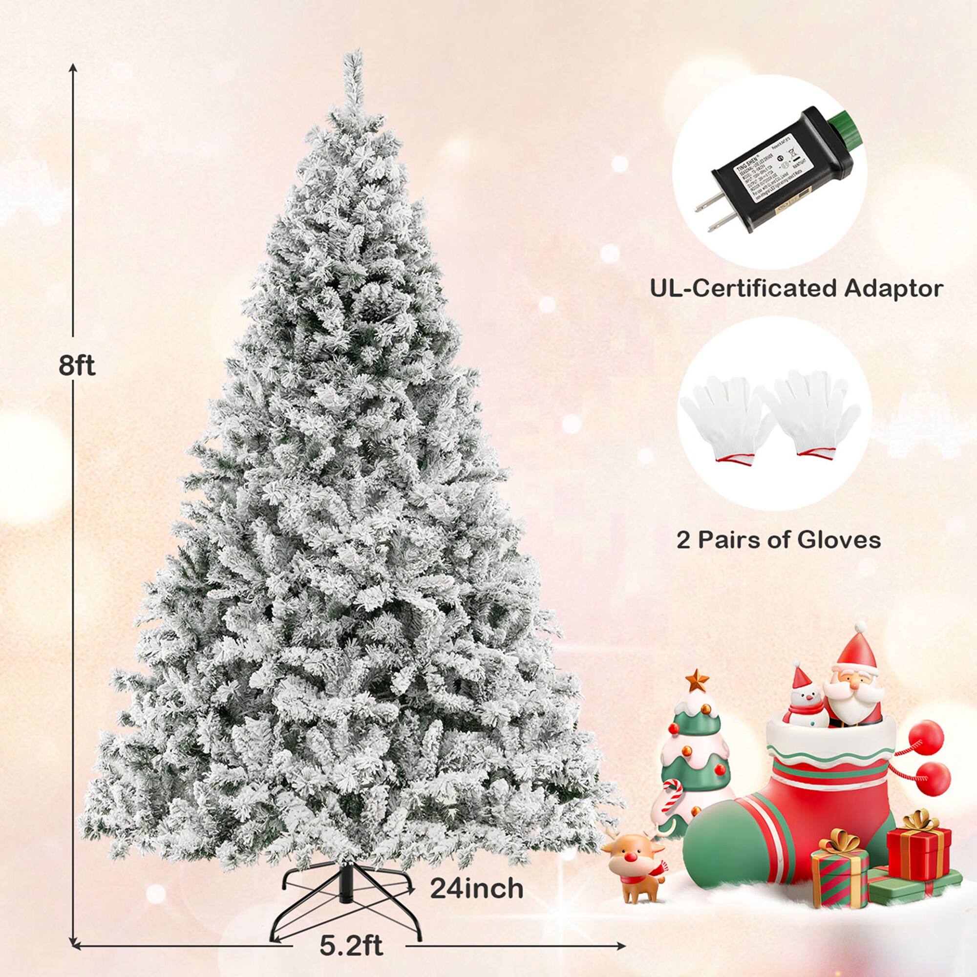 The text on the image is grouped and corrected as follows:
"8ft UL-Certified Adaptor 2 Pairs of Gloves 24inch 5.2ft Christmas Tree."