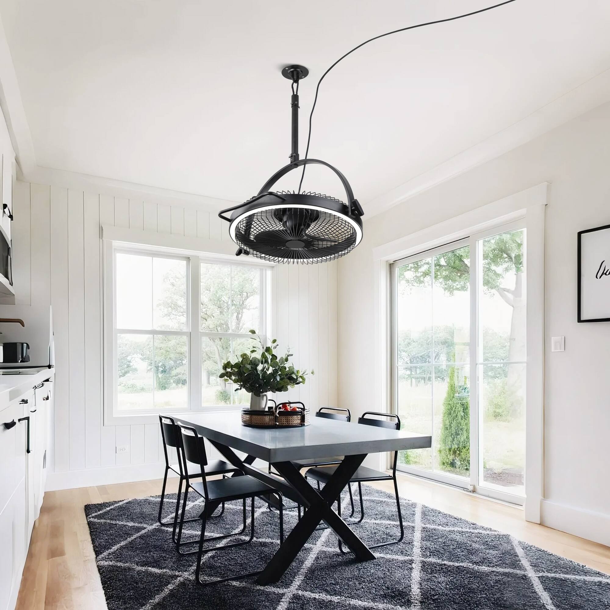 Angle. Parrot Uncle - 20” Matte Black  Industrial Dual Hanging Rotatable LED Ceiling Fan with Remote, Plug Installation - Matte Black.