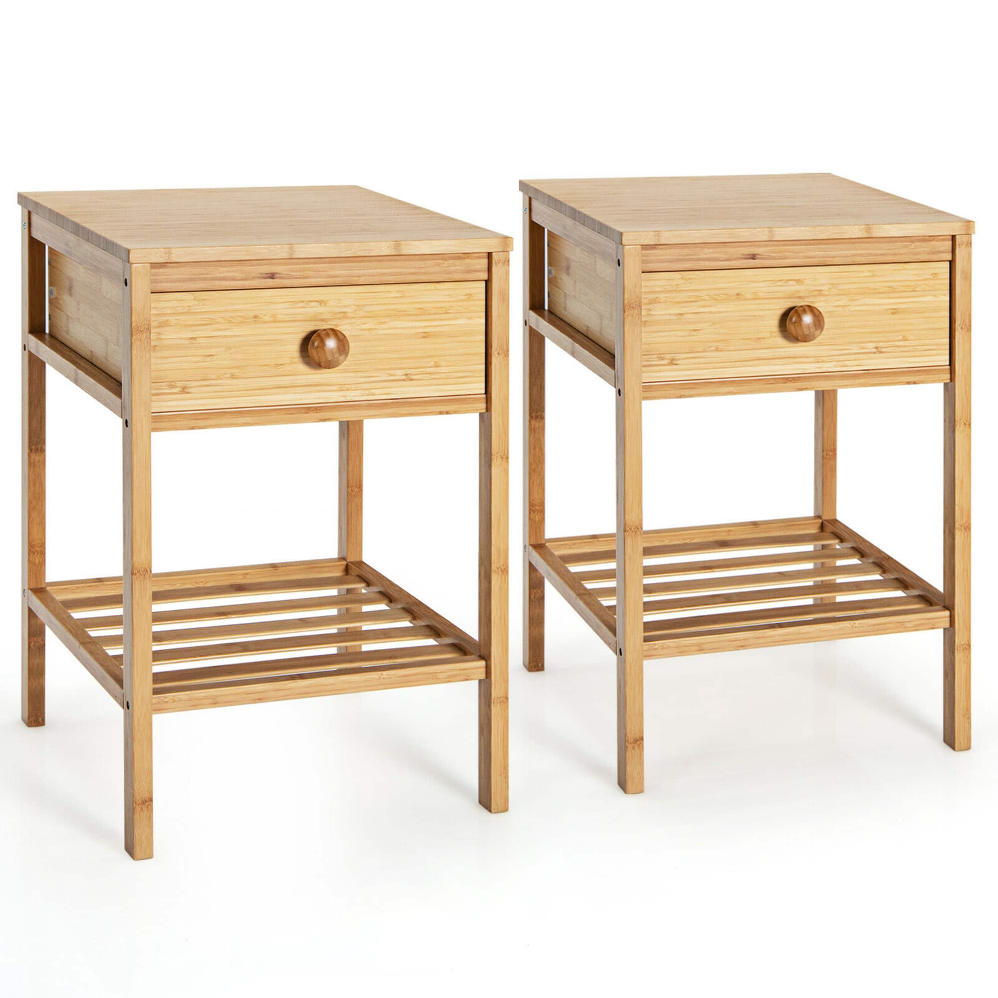 Costway - 2PCS Bamboo Nightstand Side End Table w/Drawer for Living Room Bedroom - Natural